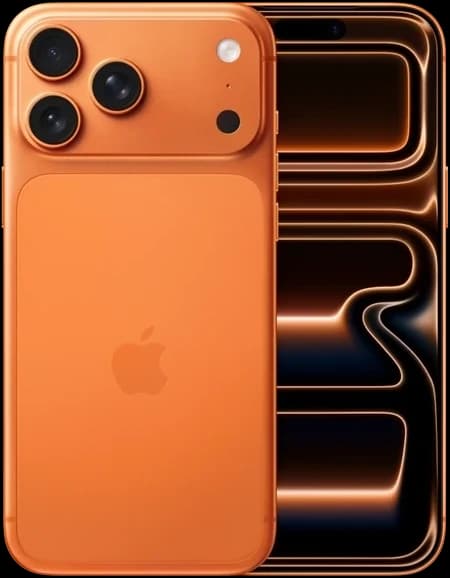 iPhone 17 Pro Max in Cosmic Orange, shown front and back — tall slab reference against short-wide foldable size estimates
