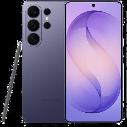 Galaxy S26 Ultra in Cobalt Violet, shown front and back with its quad rear camera setup
