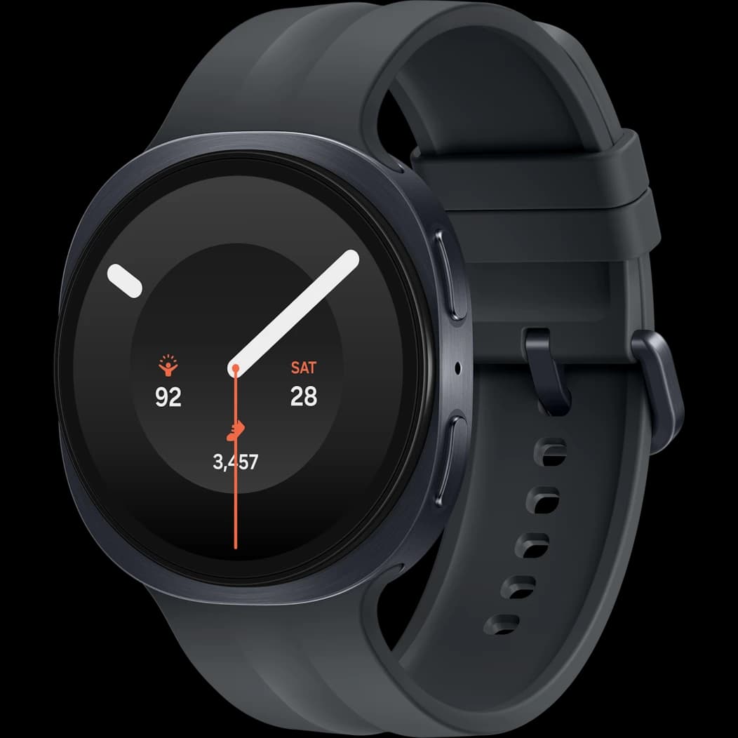 Samsung Galaxy Watch9 with cushion-shaped aluminum case and Sports Band, shown front-facing on a neutral background