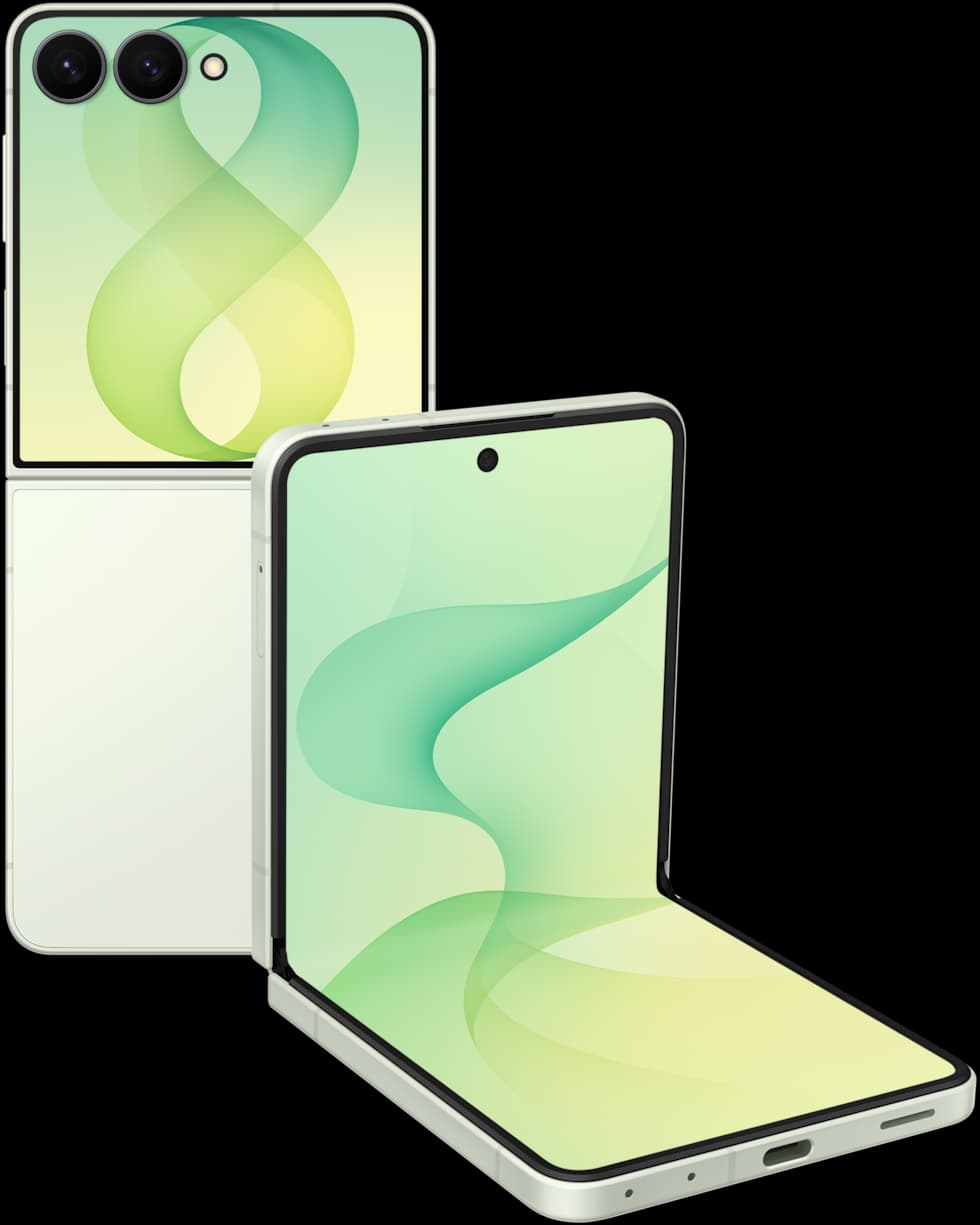 Galaxy Z Flip8 in Mint, shown closed and in Flex Mode with its cover display and dual rear cameras