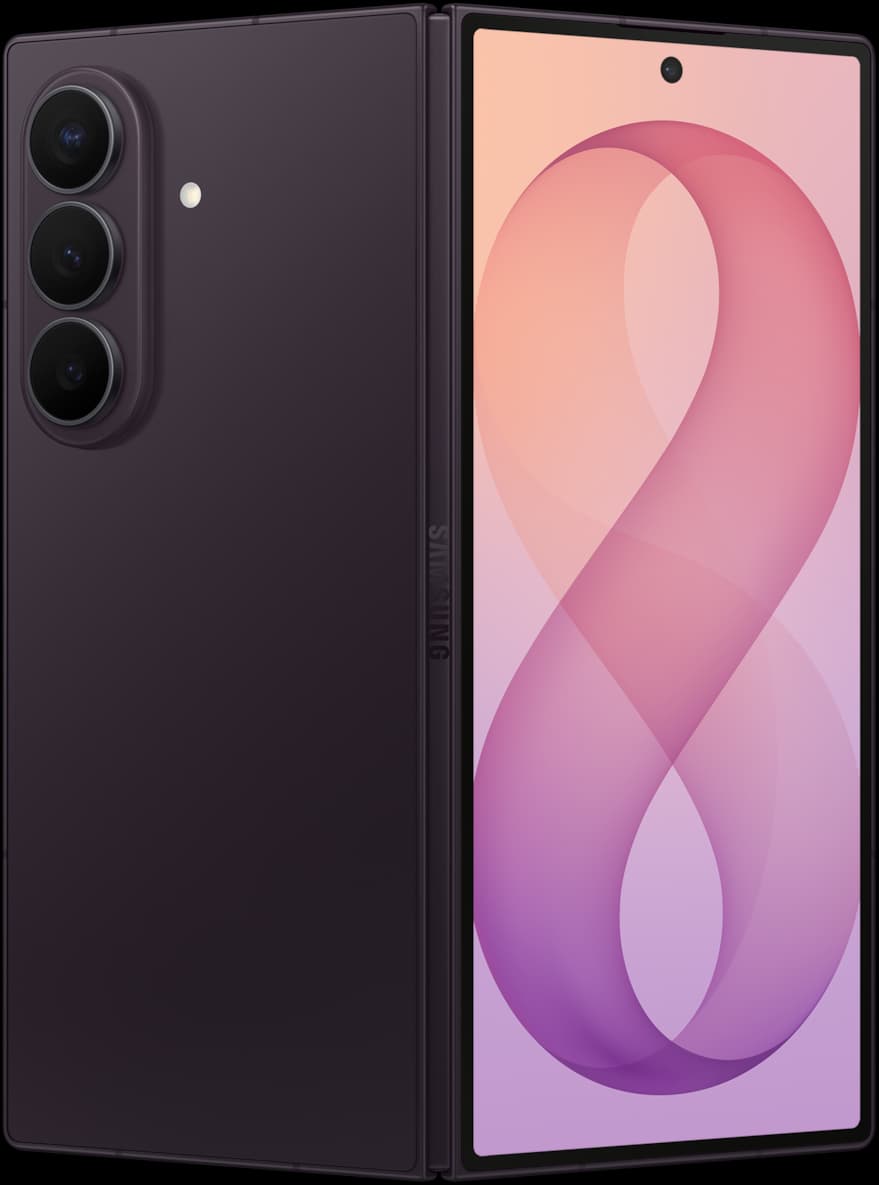 Samsung Galaxy Z Fold8 Ultra in Violet Shadow, shown partially unfolded with the cover display and rear cameras visible