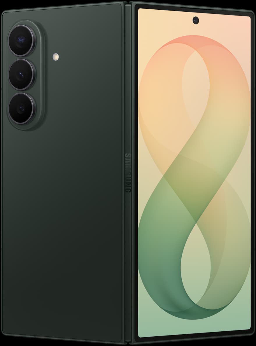 Galaxy Z Fold8 Ultra in Green Shadow, shown partially unfolded with its cover display and triple rear cameras — a taller foldable size class for contrast