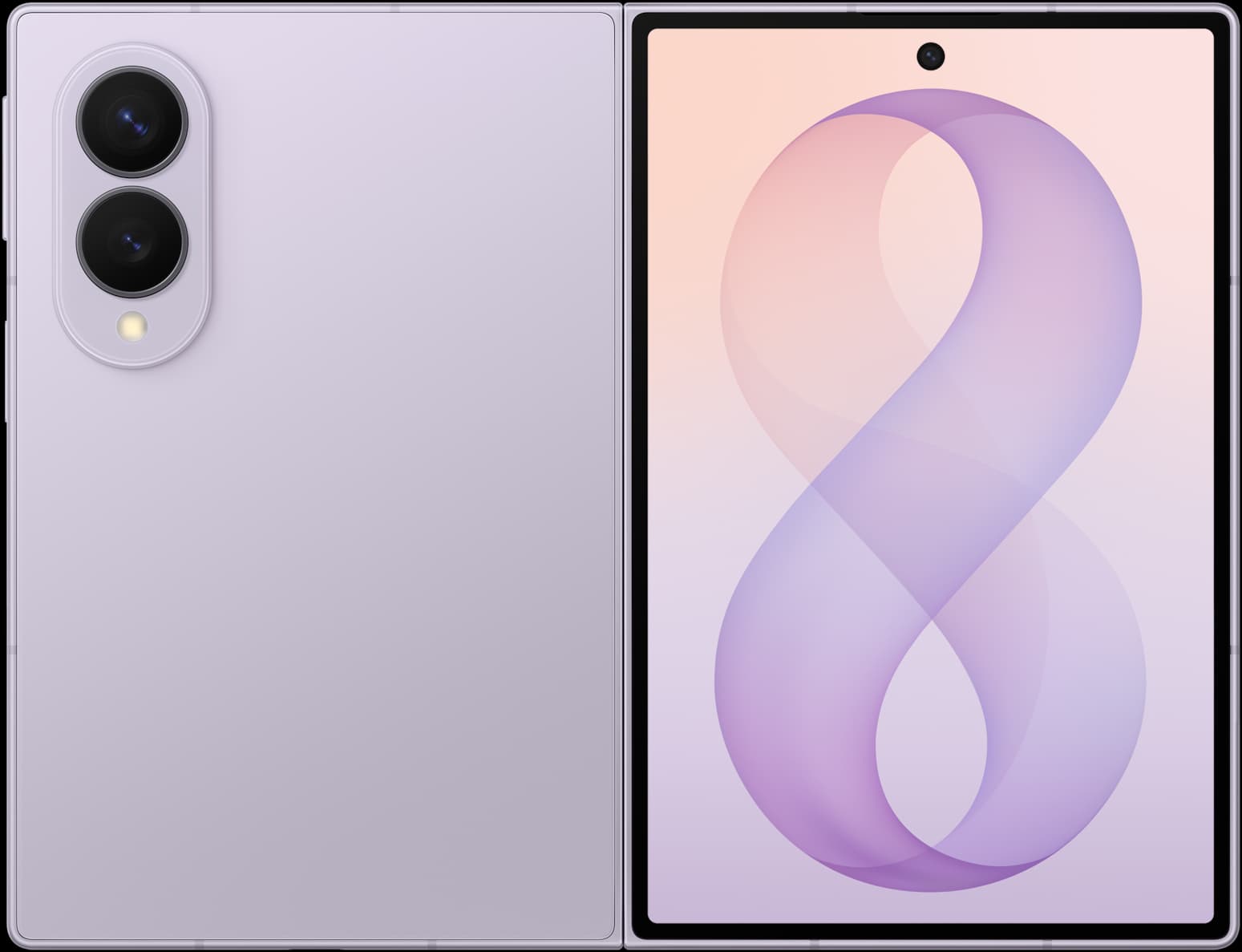 Galaxy Z Fold8 in Lavender, shown front and back with its wider cover display and dual rear cameras