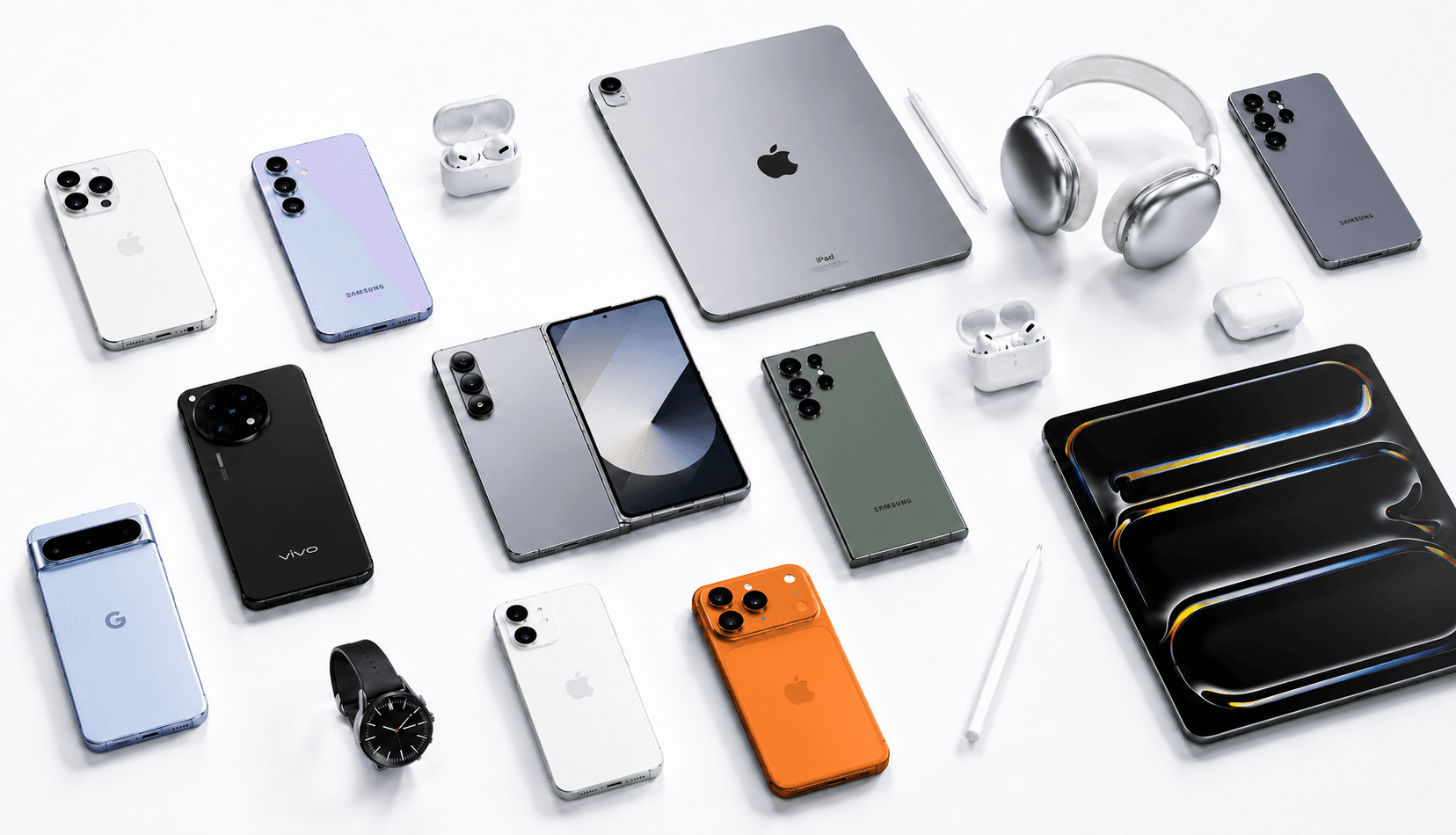 Collection of smartphones, tablets, headphones, and wearable devices arranged for size comparison