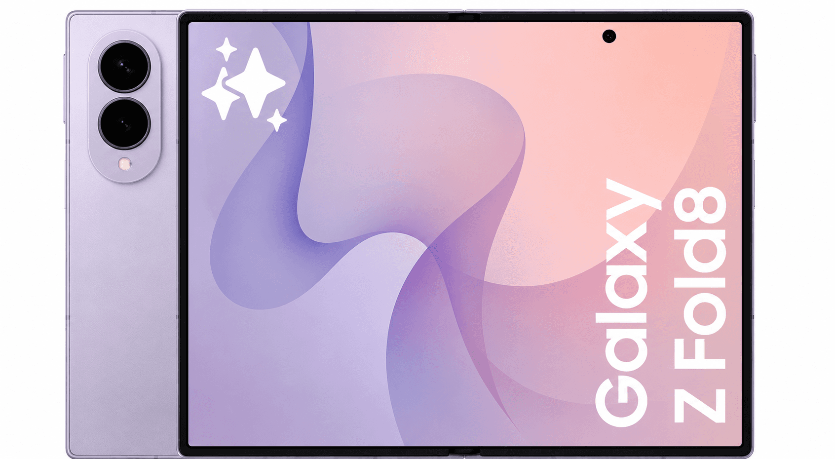 Expected Galaxy Fold 8 in lavender showing its wider cover display and dual rear cameras