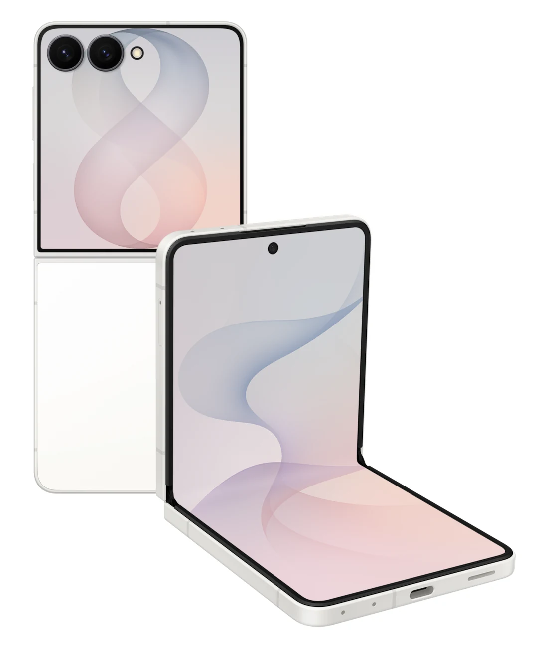 Galaxy Z Flip 8 in Cream in Flex Mode with the USB-C port visible, suggesting wired charging and desk top-up habits