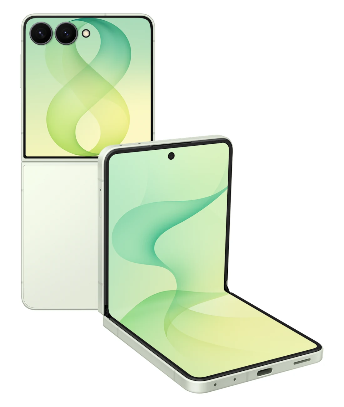 Galaxy Z Flip 8 in Mint folded closed and open in Flex Mode, representing everyday messaging, browsing, and cover-screen use