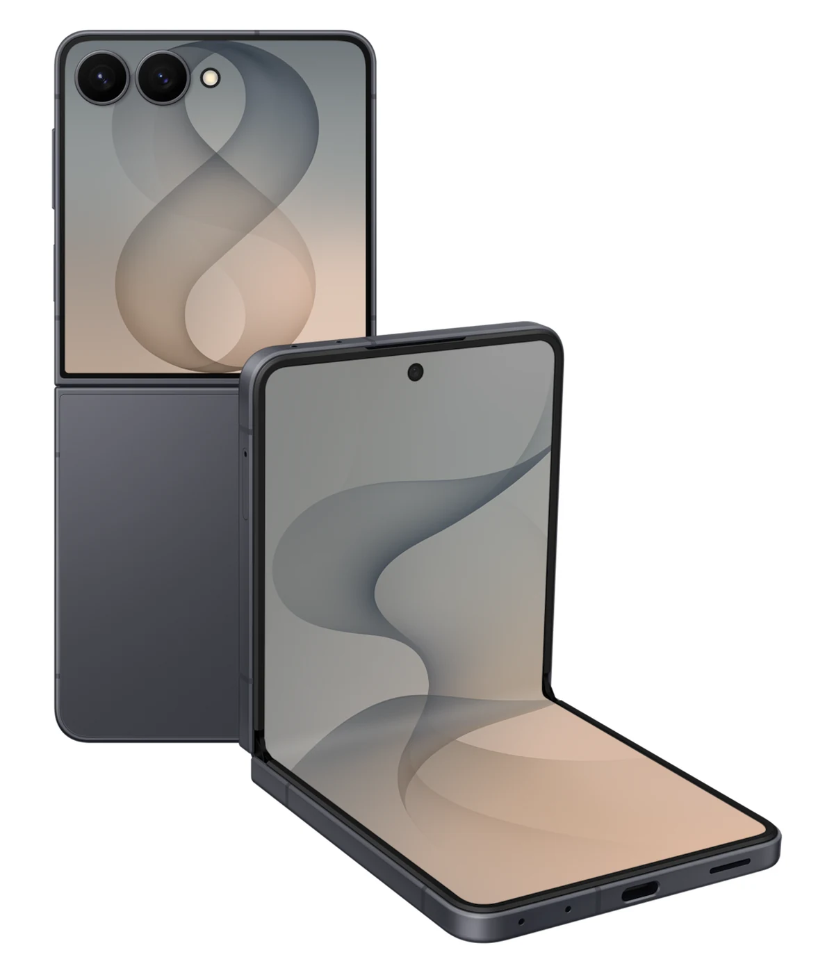 Galaxy Z Flip 8 in Graphite shown folded closed and open in Flex Mode, illustrating everyday battery and charging readiness