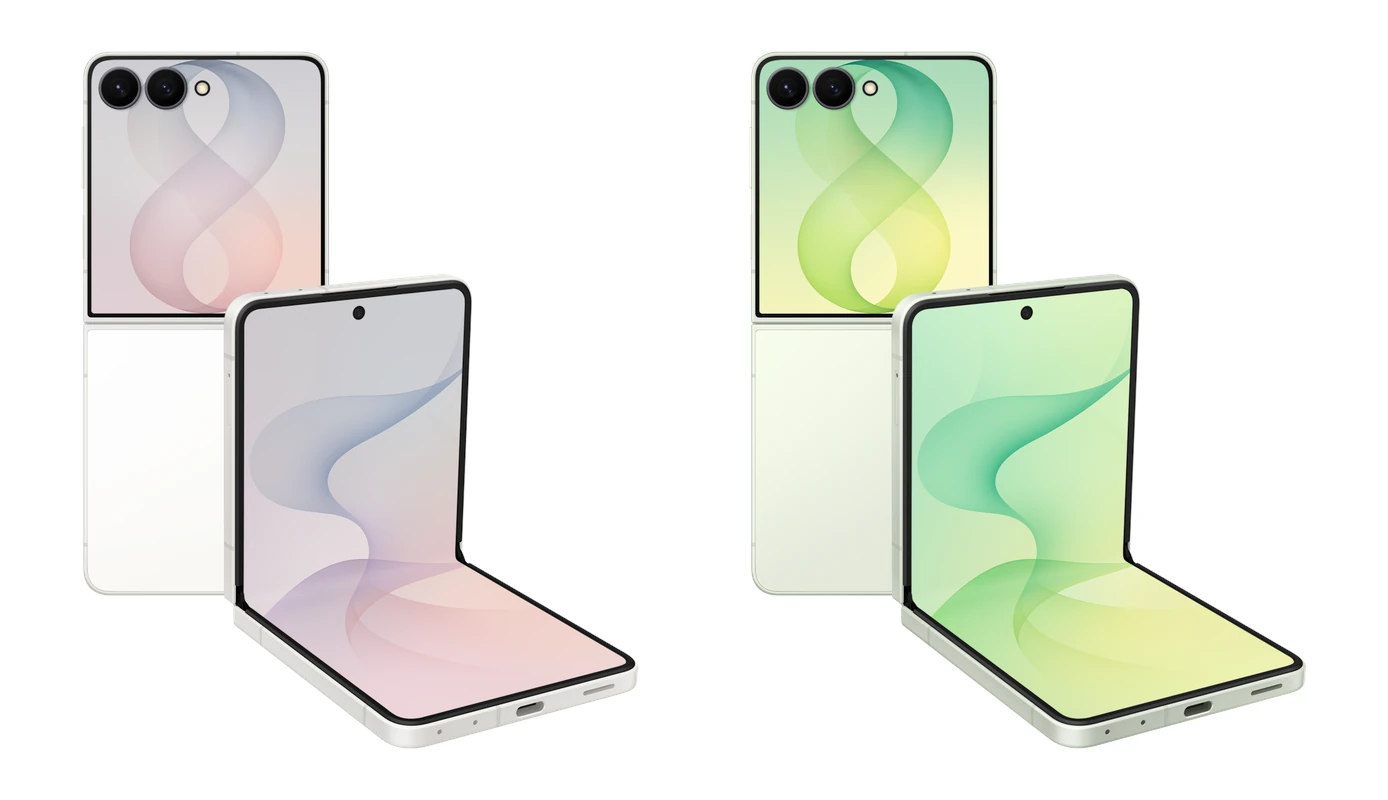 Galaxy Z Flip 8 Cream and Mint shown side by side in closed and Flex Mode poses on a white background