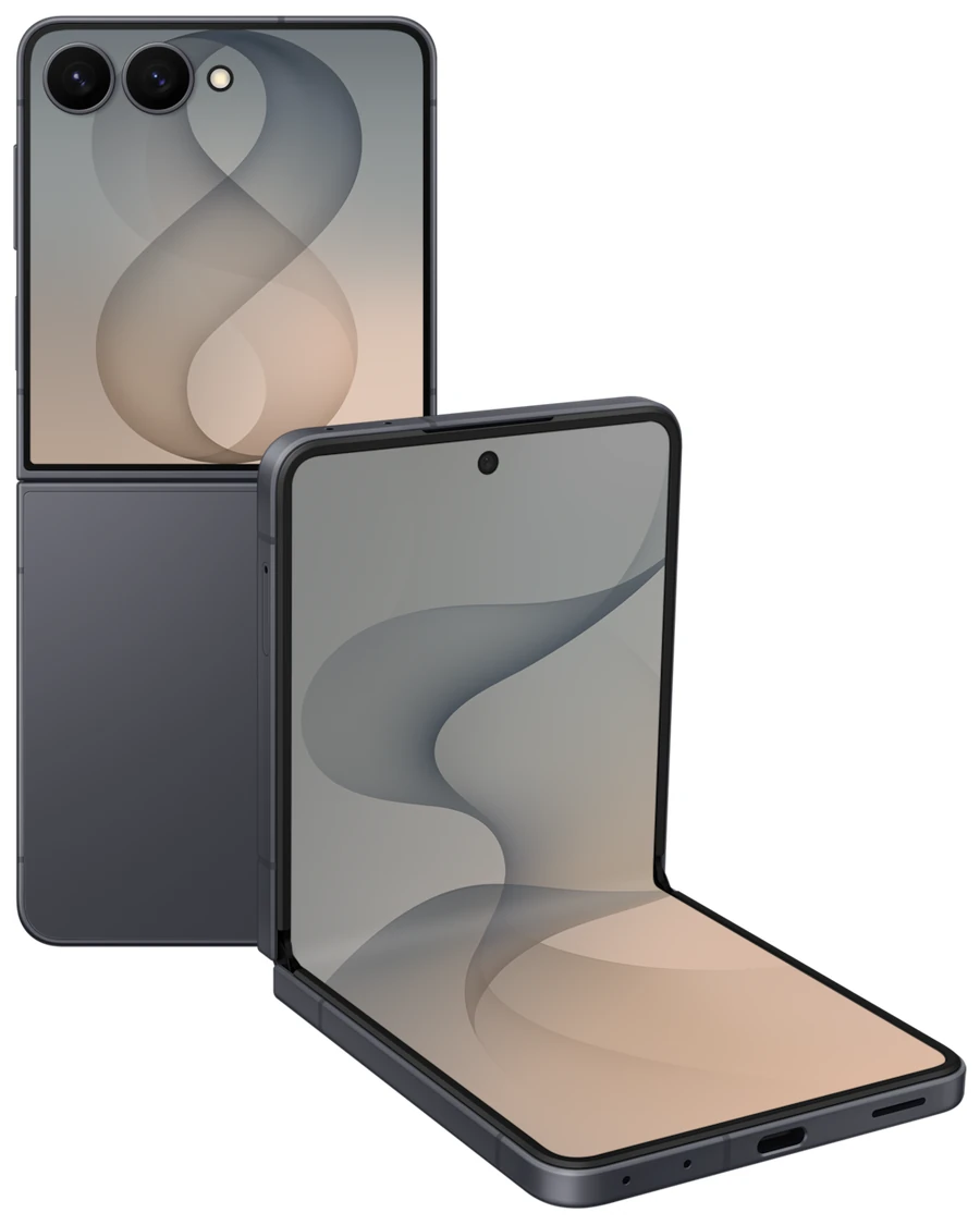 Galaxy Z Flip 8 in Graphite, shown closed from the rear and open in Flex Mode on a white background