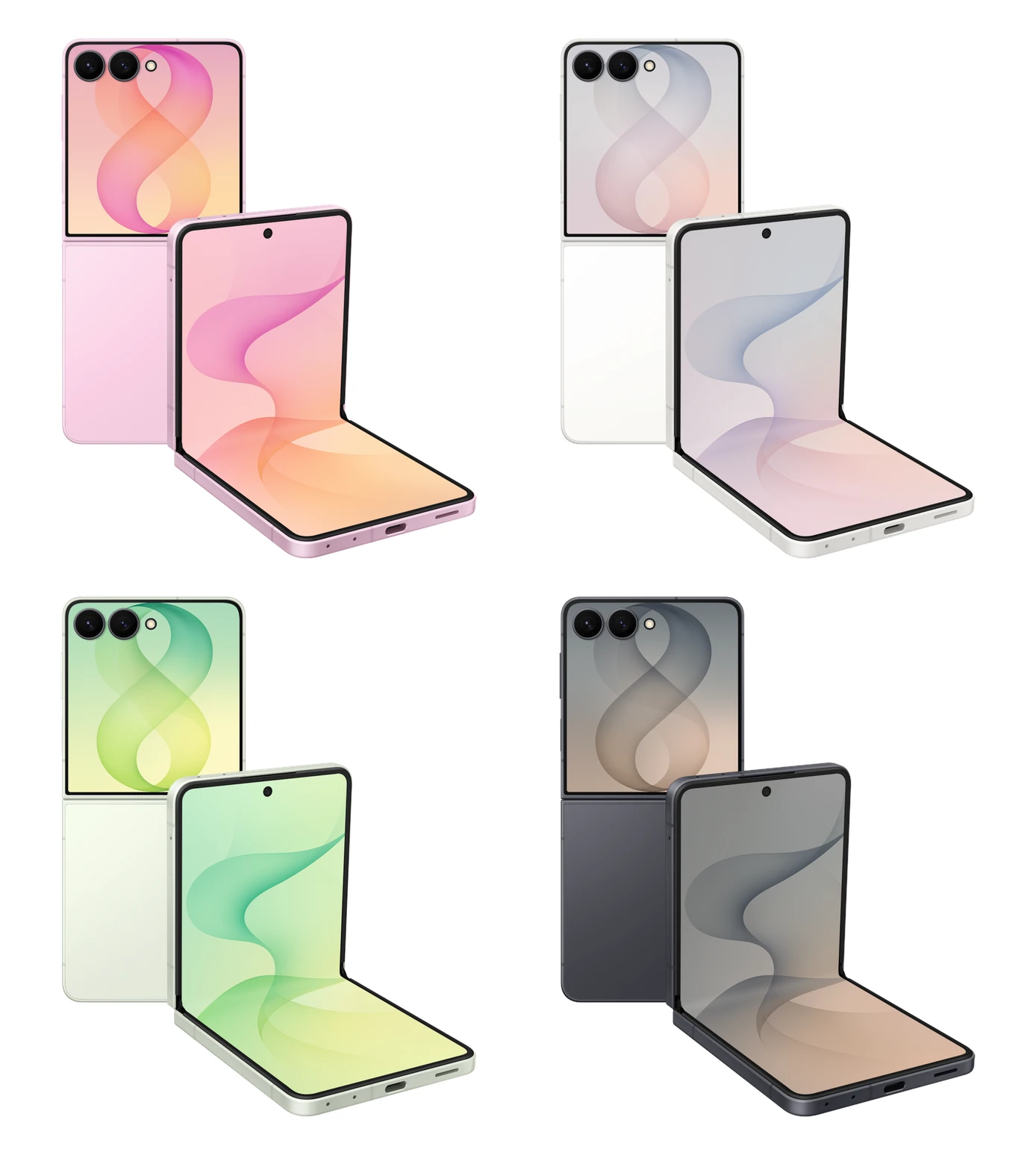 Galaxy Z Flip 8 color collage showing Pink, Cream, Mint, and Graphite in closed and Flex Mode poses on a white background