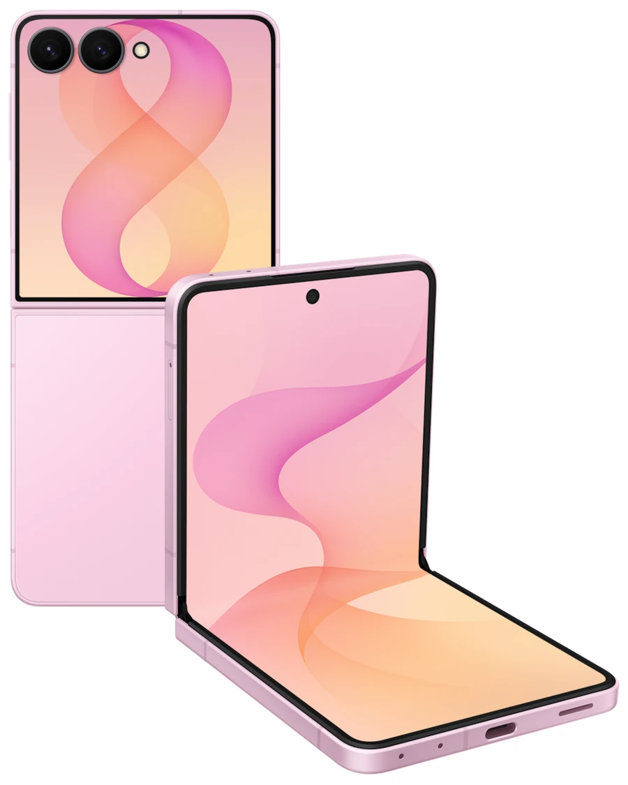 Galaxy Z Flip 8 in Pink, shown closed from the rear and open in Flex Mode on a white background