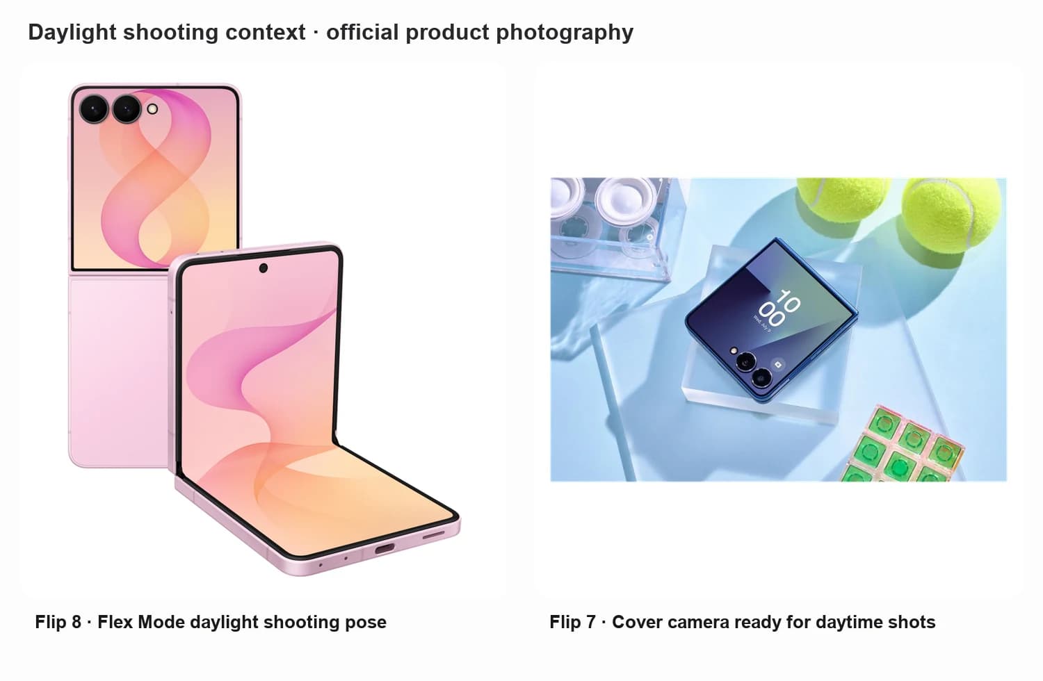 Official product photography showing Galaxy Z Flip 8 in Flex Mode and Galaxy Z Flip 7 closed with cameras ready for daytime shooting