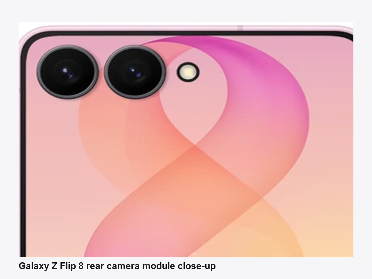 Close-up of the Galaxy Z Flip 8 Pink rear camera module showing dual lenses and LED flash on the cover display wallpaper