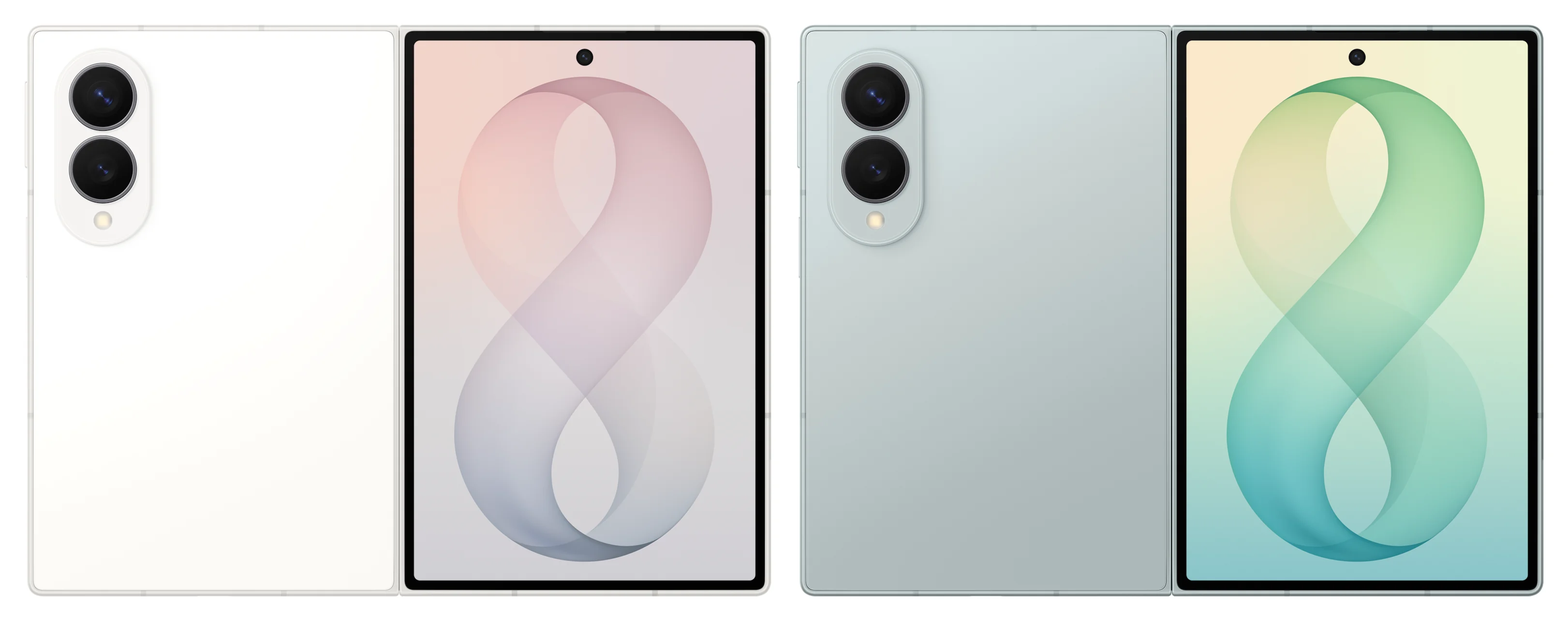 Galaxy Z Fold 8 Cream and Pistachio side-by-side color comparison, front and back official renders on a white background