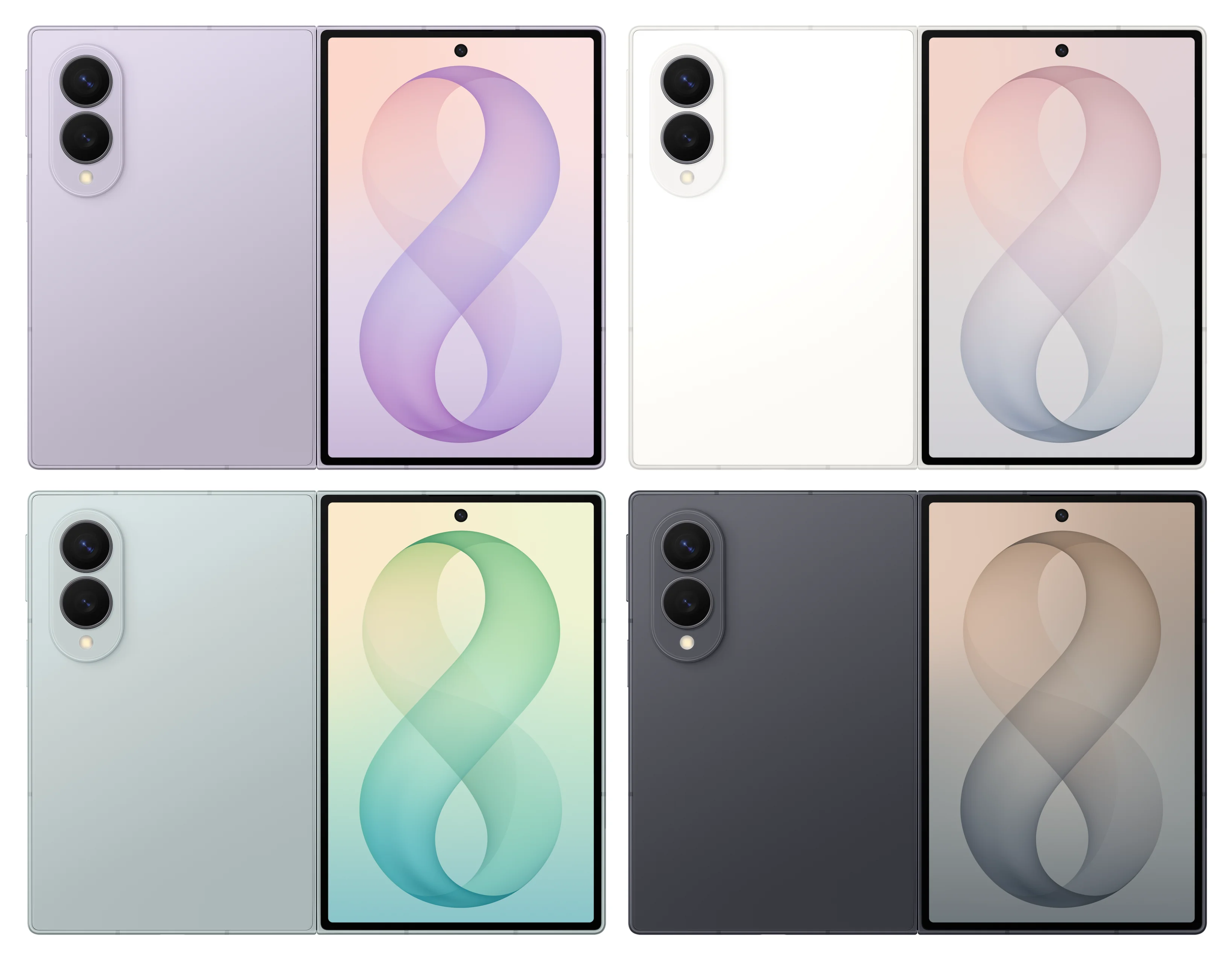 Galaxy Z Fold 8 color comparison collage showing Lavender, Cream, Pistachio, and Graphite front and back renders on a white background