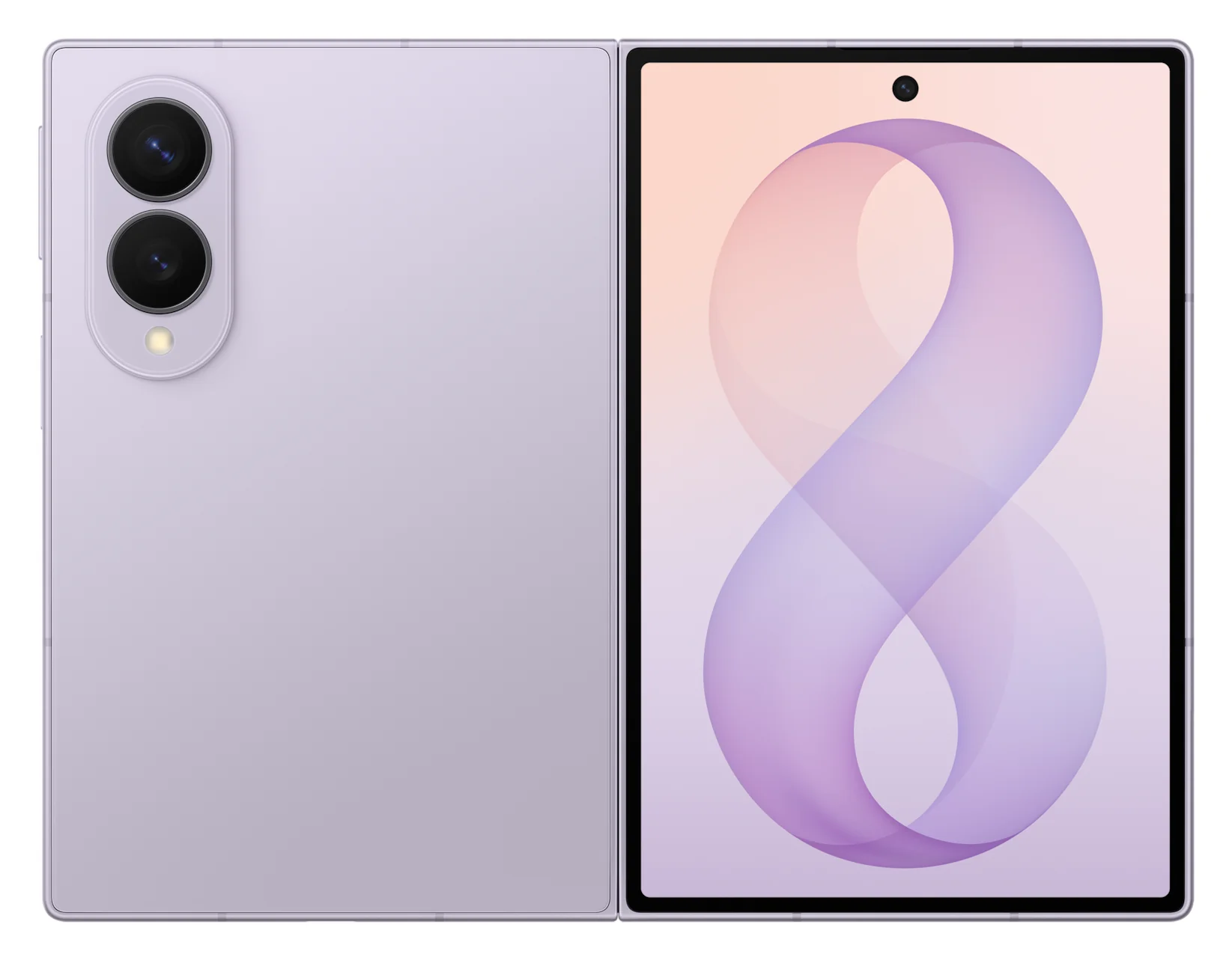 Galaxy Z Fold 8 in Lavender, front and back official render on a white background