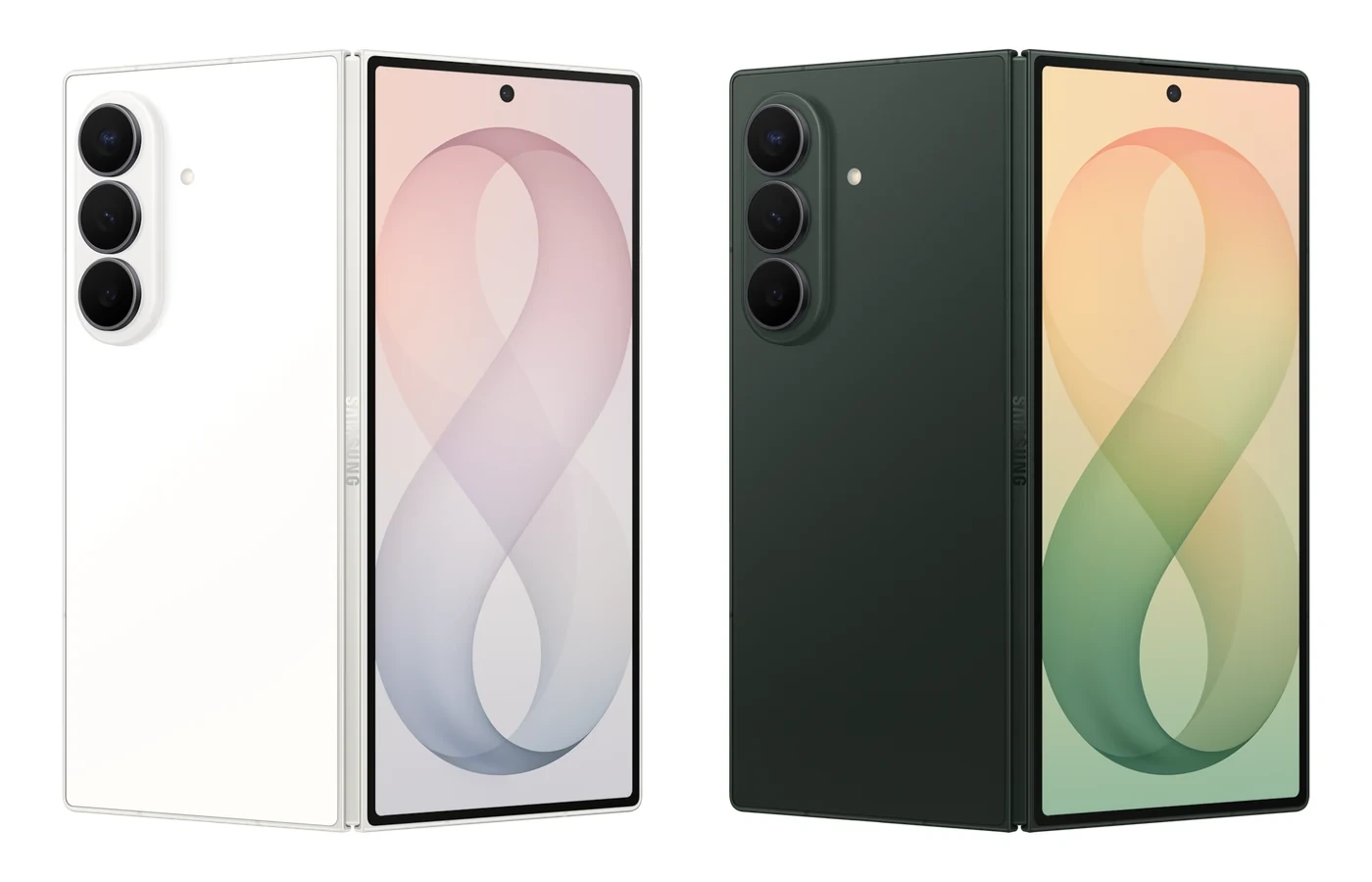 Galaxy Z Fold 8 Ultra in Cream and Green Shadow side by side on a white background, comparing the light and deep-green finishes
