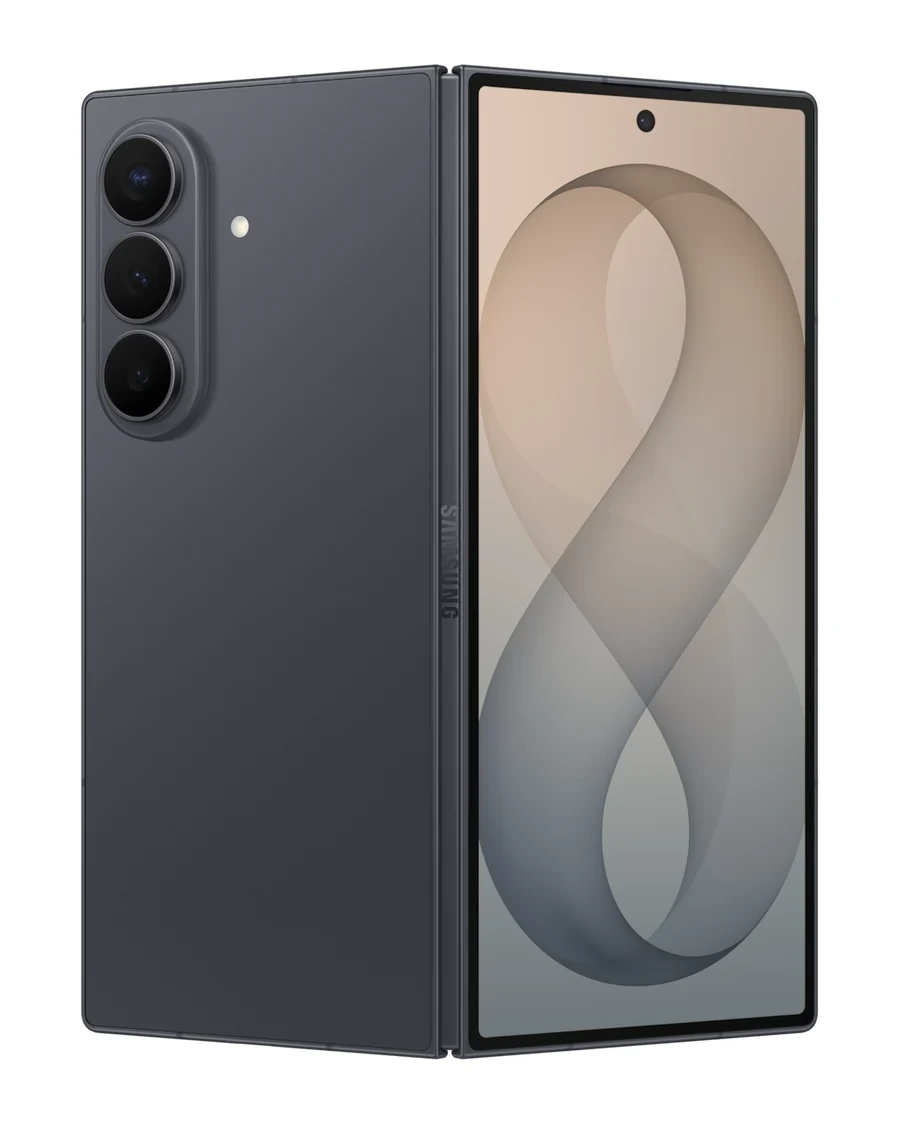 Galaxy Z Fold 8 Ultra in Graphite, partially unfolded on a white background showing the dark charcoal finish, cover display, and triple rear cameras