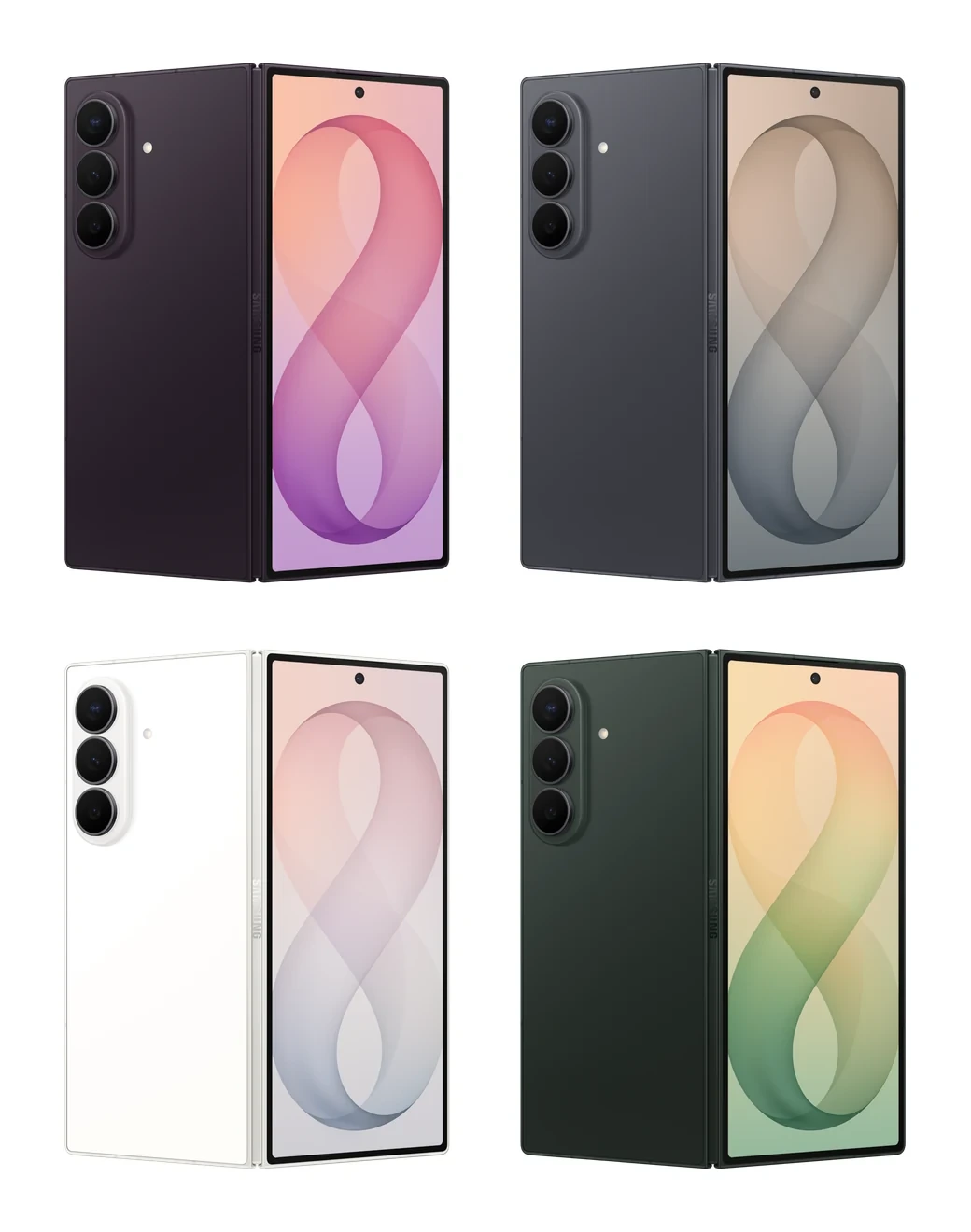 Galaxy Z Fold 8 Ultra color comparison collage showing Violet Shadow, Graphite, Cream, and Green Shadow on a white background