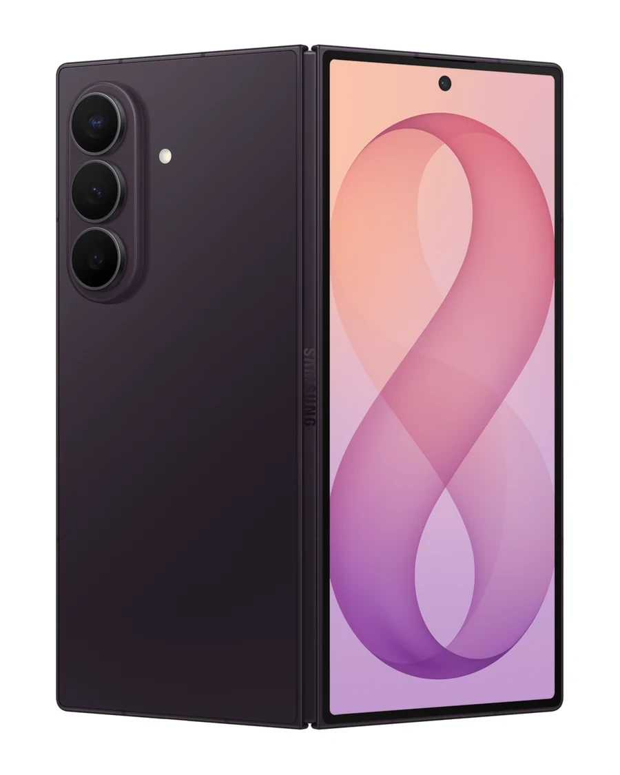 Galaxy Z Fold 8 Ultra in Violet Shadow, partially unfolded on a white background showing the flex cover display and triple rear cameras