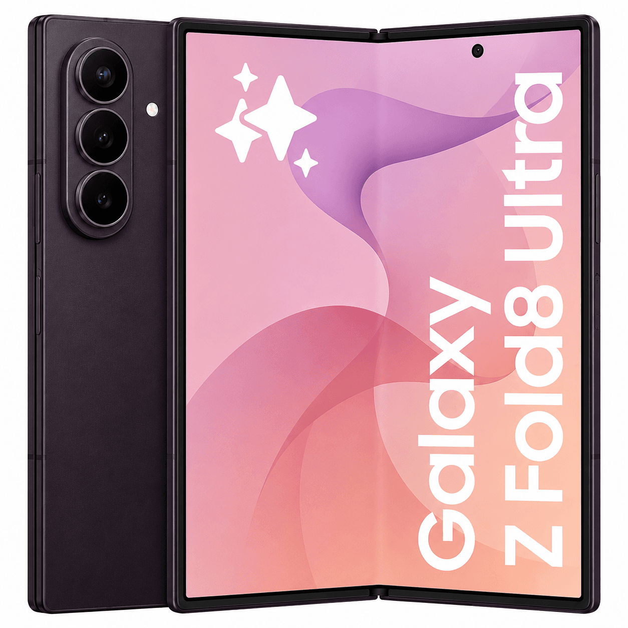 Galaxy Z Fold 8 Ultra rumoreado en burdeos, con triple cámara trasera y pantalla interior