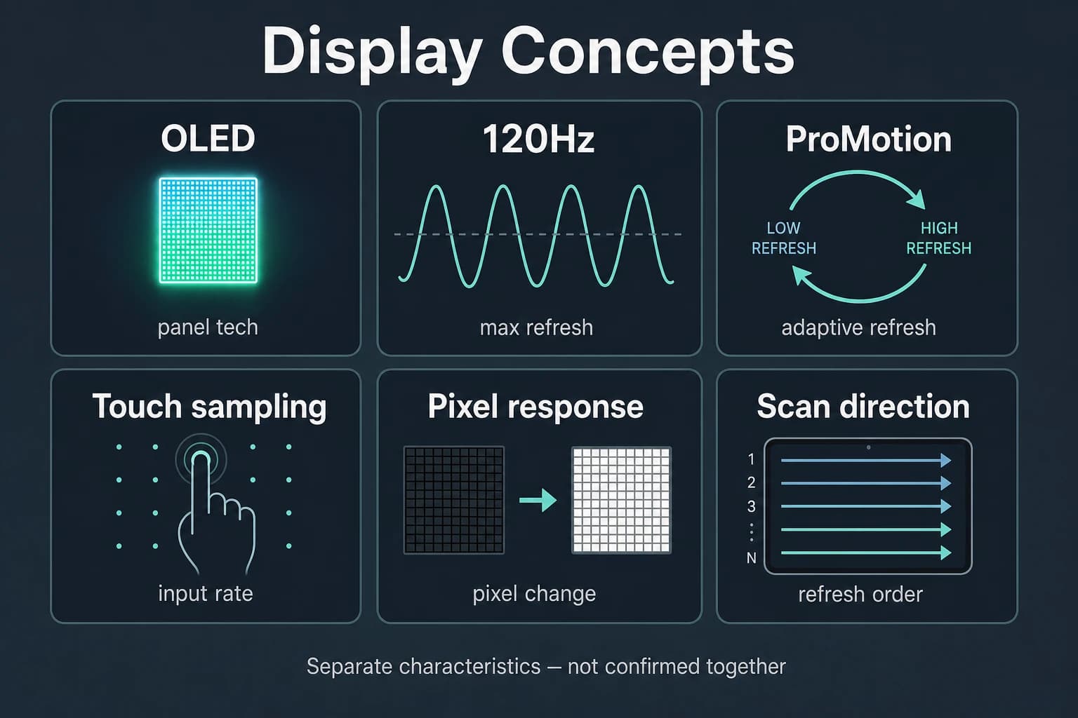 Editorial diagram separating OLED, 120Hz, ProMotion, touch sampling, pixel response, and scan direction as distinct display characteristics — Illustration, Analytical, not an official Apple product image