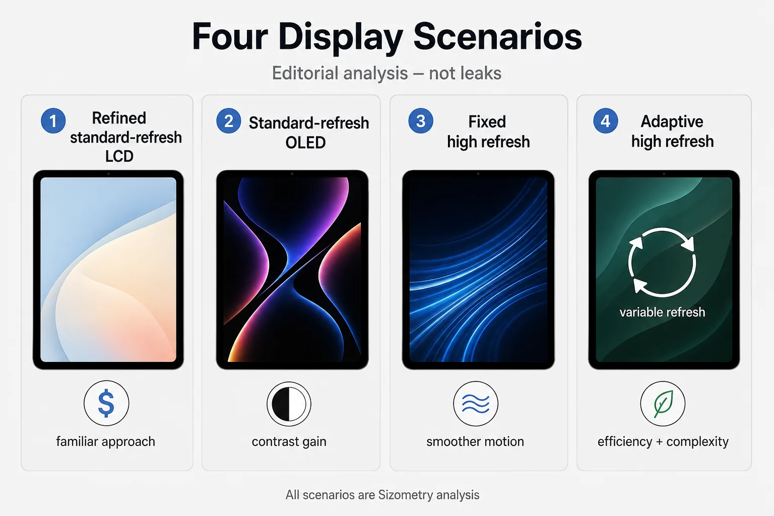 Four editorial iPad mini display scenarios — refined standard-refresh LCD, standard-refresh OLED, fixed high refresh, and adaptive high refresh — marked as Sizometry analysis, not leaks