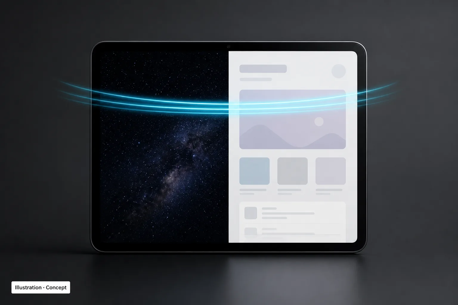 Concept illustration of a compact tablet screen split between deep-black contrast and brighter interface panels, with abstract motion arcs — Illustration, Concept, not an official Apple product image