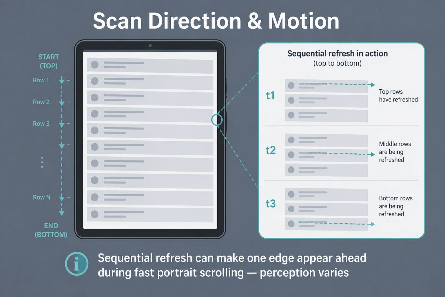 Abstract diagram of top-to-bottom sequential refresh on a portrait tablet, showing why one edge can appear ahead during fast scrolling — Illustration, Analytical, perception varies, not a claim of defective hardware