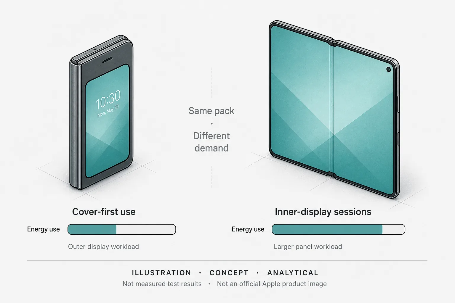 Concept comparison of cover-first versus inner-display power demand on the same rumored two-cell pack — Illustration, Concept, Analytical, not measured test results, not an official Apple product image