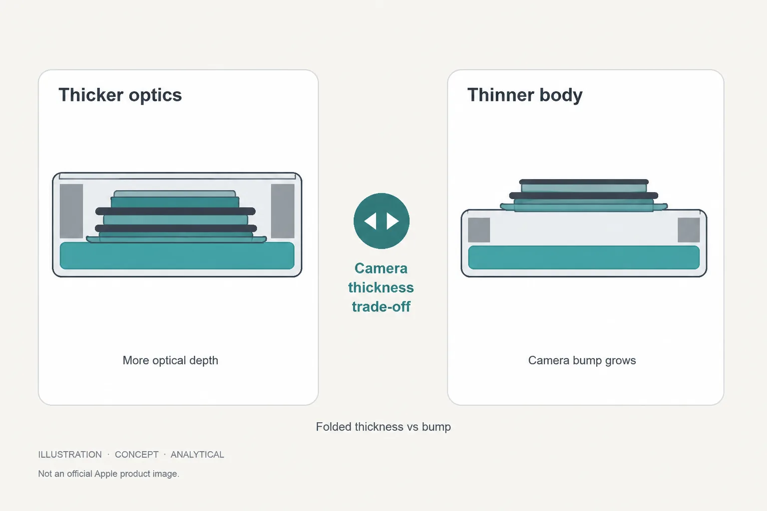 Concept cross-sections comparing thicker optics inside the body versus a thinner body that forces a taller camera bump — Illustration, Concept, Analytical, not an official Apple product image