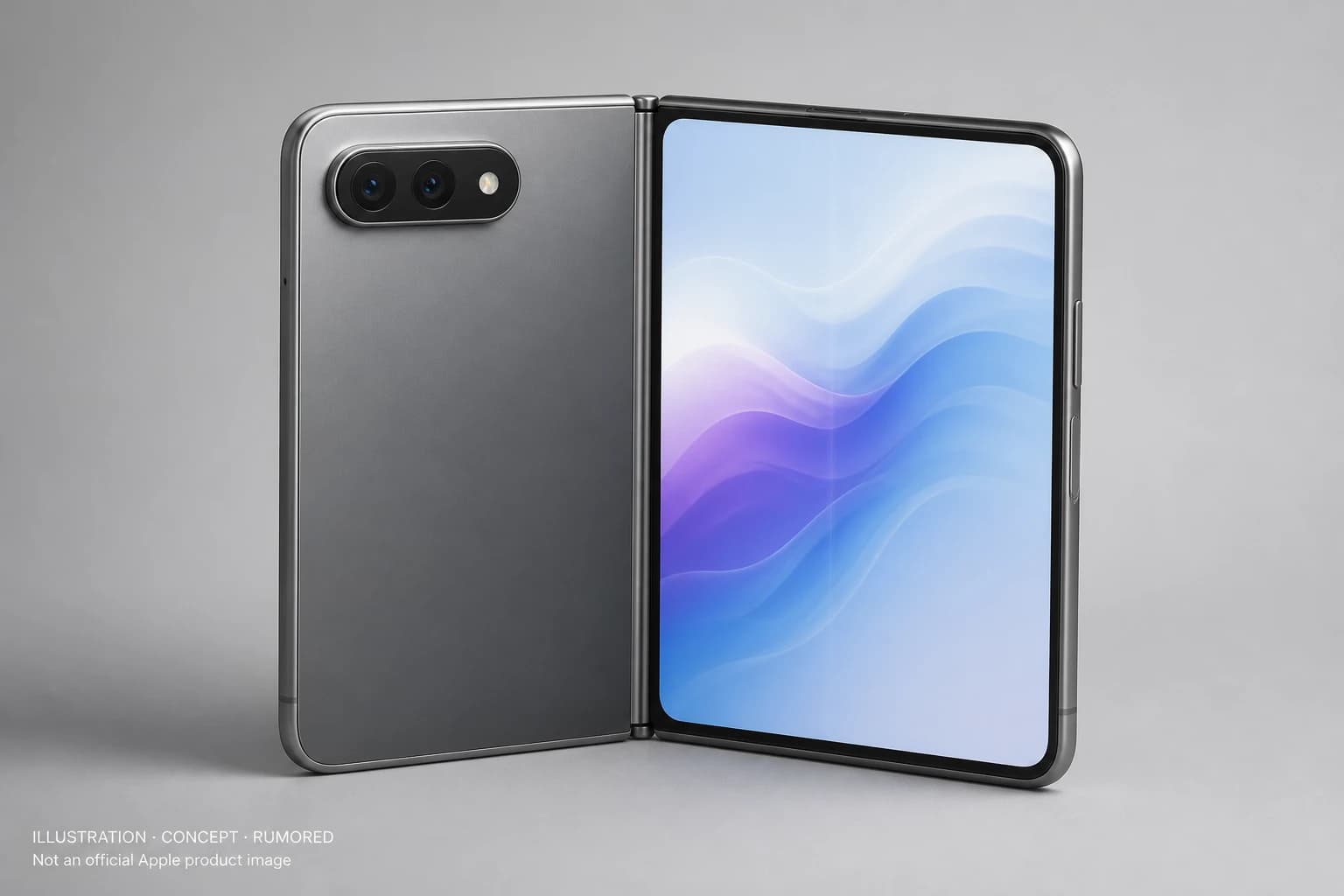 Concept rendering of a book-style foldable showing a dual-lens rear camera island and thin chassis halves — Illustration, Concept, Rumored, not an official Apple product image