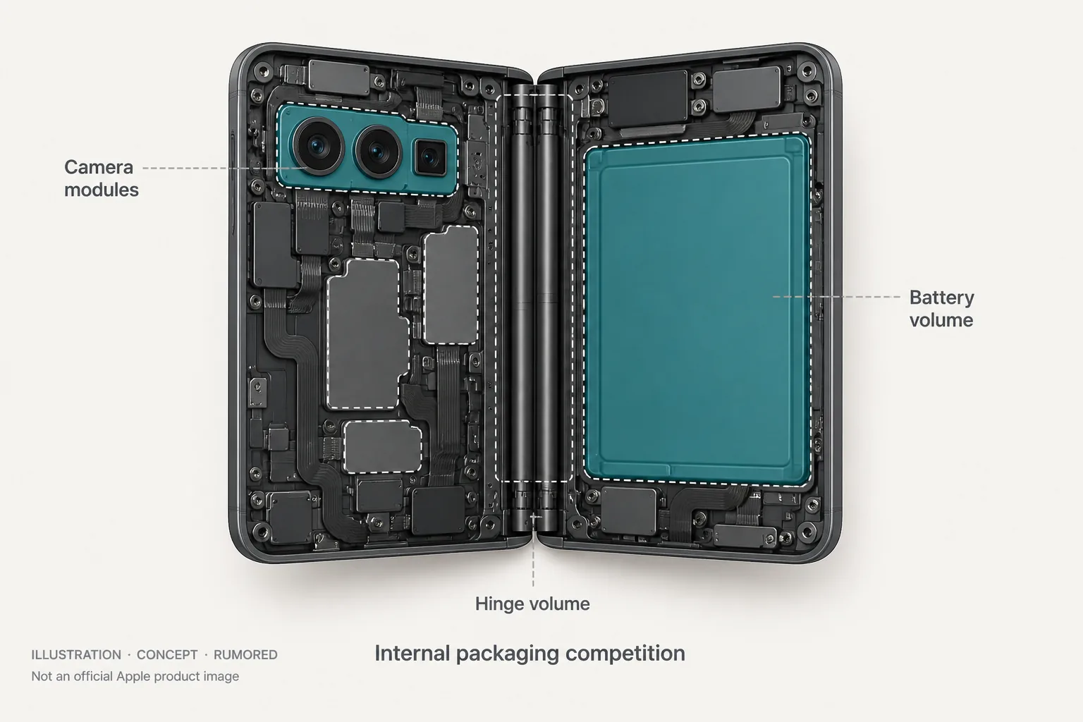 Concept cutaway of a book-style foldable showing camera modules competing with hinge volume and battery volume — Illustration, Concept, Rumored, not an official Apple product image