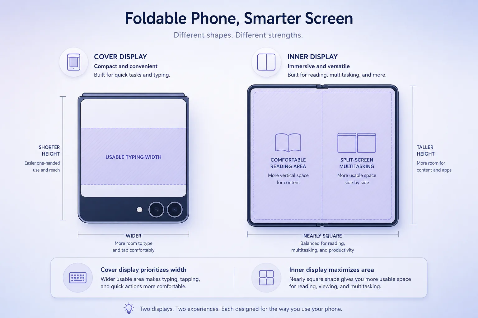 Concept diagram comparing cover-display typing width with a larger near-square inner reading and multitasking plane — Illustration, Analytical, Rumored proportions, not an official Apple product image