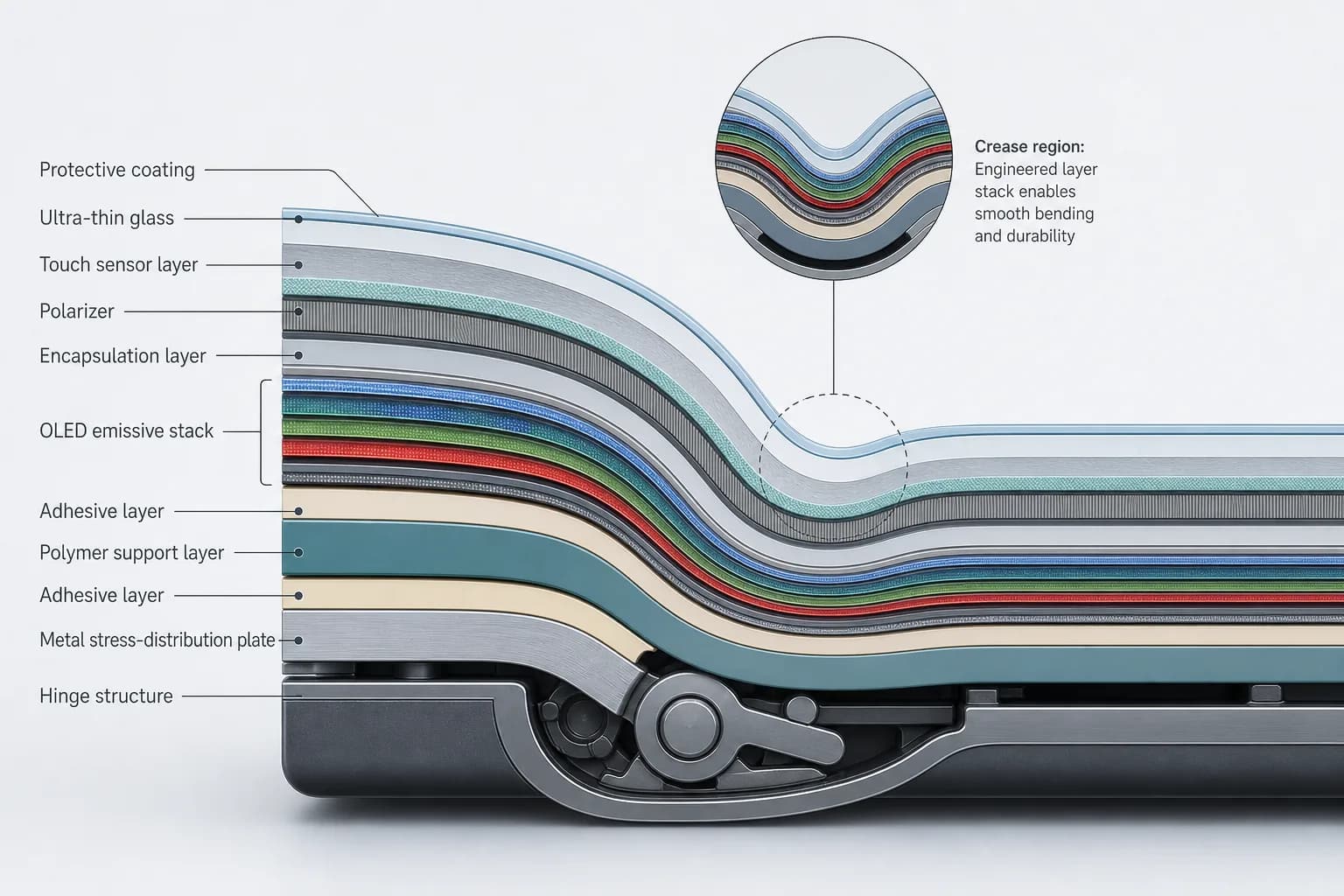 Illustrative industry-context cross-section of a foldable OLED stack bending over a hinge, with ultra-thin glass, polymer support, adhesives, and the crease region highlighted — Illustration, Concept, Industry practice, not an Apple teardown, layer order unconfirmed