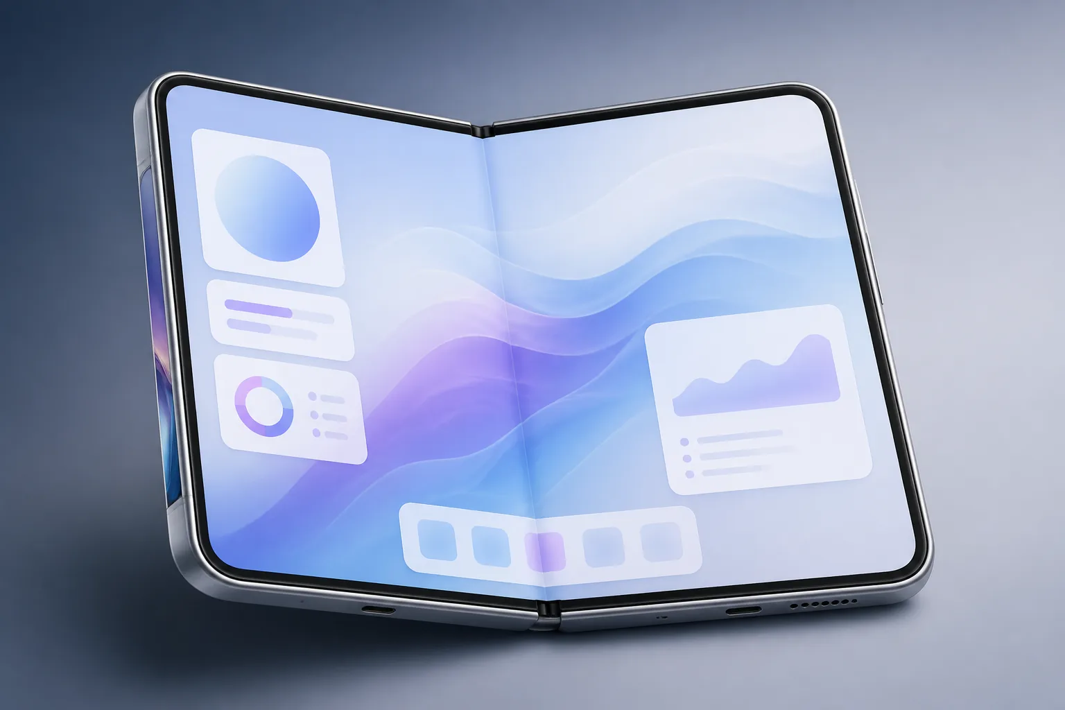Concept rendering of a book-style foldable opened to show a large inner display with the cover panel edge visible — Illustration, Concept, Rumored, not an official Apple product image