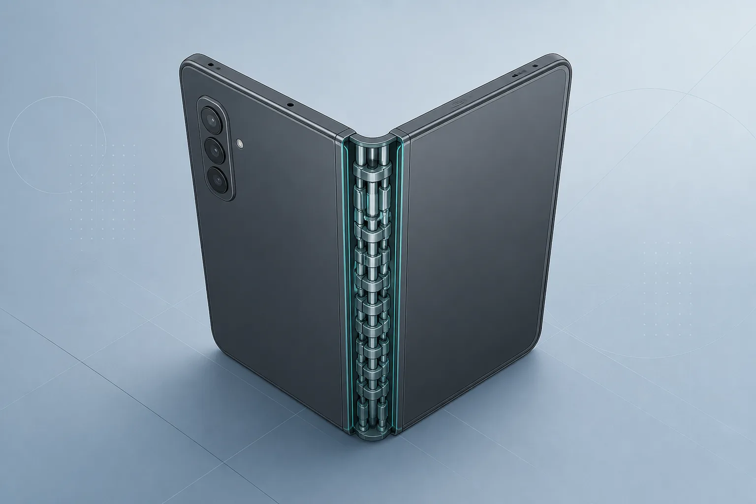 Concept illustration of a book-style foldable partially open with the hinge spine emphasized — Illustration, Concept, Rumored, not an official Apple product image