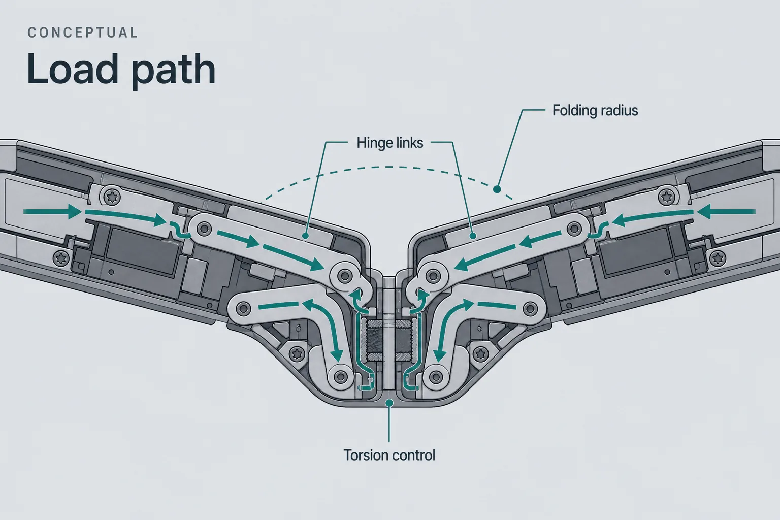 Conceptual mechanical load-path diagram showing force flow through hinge links, torsion control, and folding radius — Illustration, Concept, Analytical, not an official Apple CAD drawing