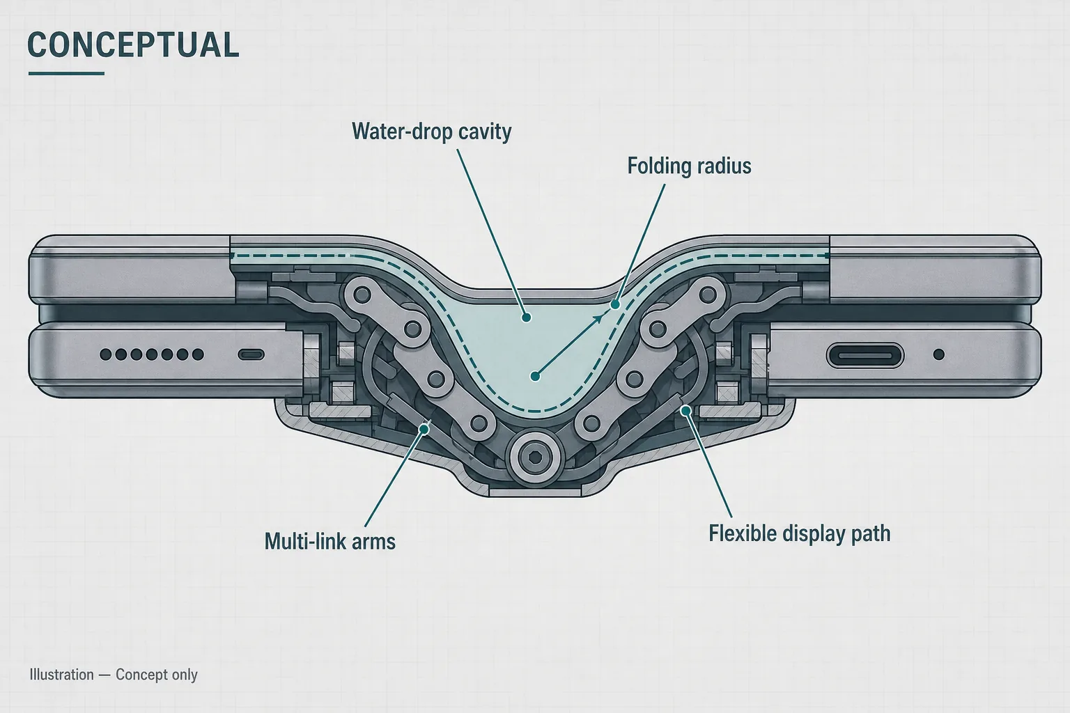Conceptual water-drop hinge geometry diagram showing multi-link arms creating a rounded cavity for the flexible display — Illustration, Concept, Analytical, not an official Apple cutaway or leaked drawing