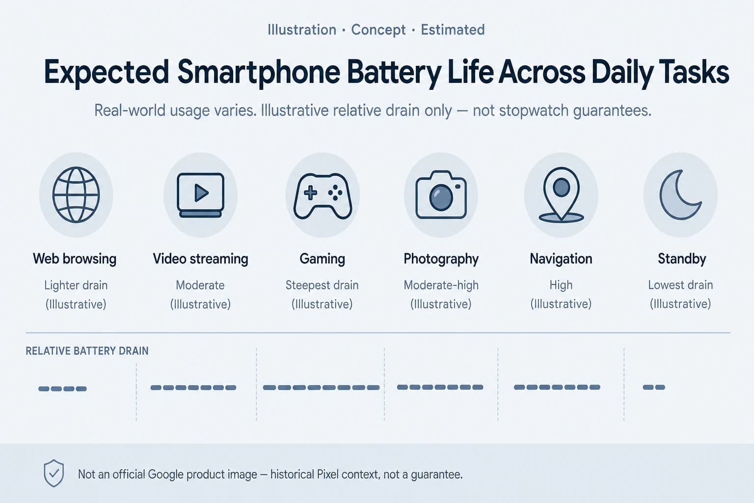 Estimated daily battery-life timeline across browsing, streaming, gaming, photography, navigation, and standby — Illustration, Concept, Estimated, not an official Google product image