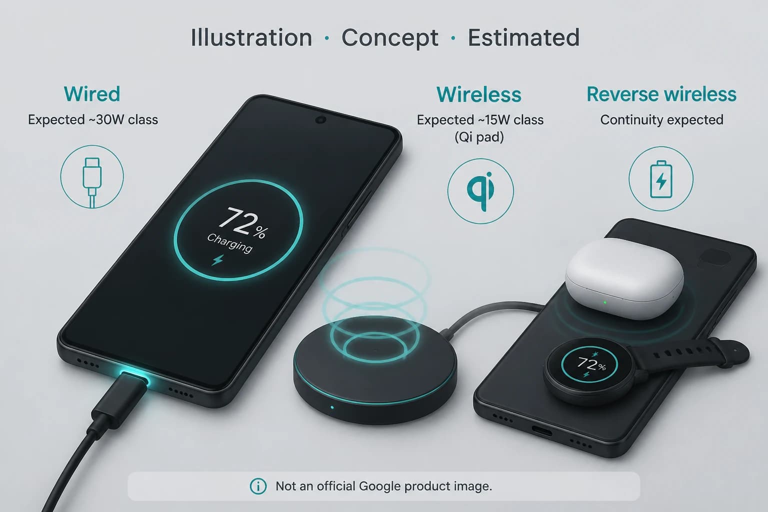 Concept illustration of expected Pixel 11 wired, wireless, and reverse wireless charging — Illustration, Concept, Estimated, not an official Google product image
