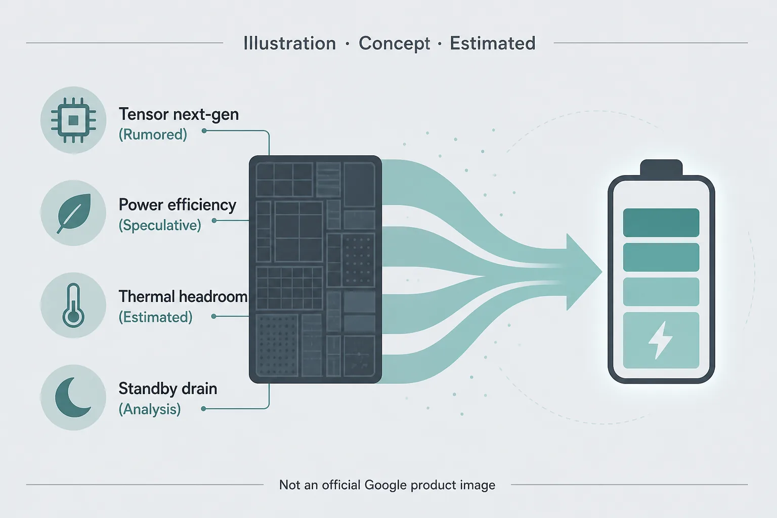 Concept diagram linking rumored next-gen Tensor efficiency to battery and thermal behavior — Illustration, Concept, Estimated, not an official Google product image
