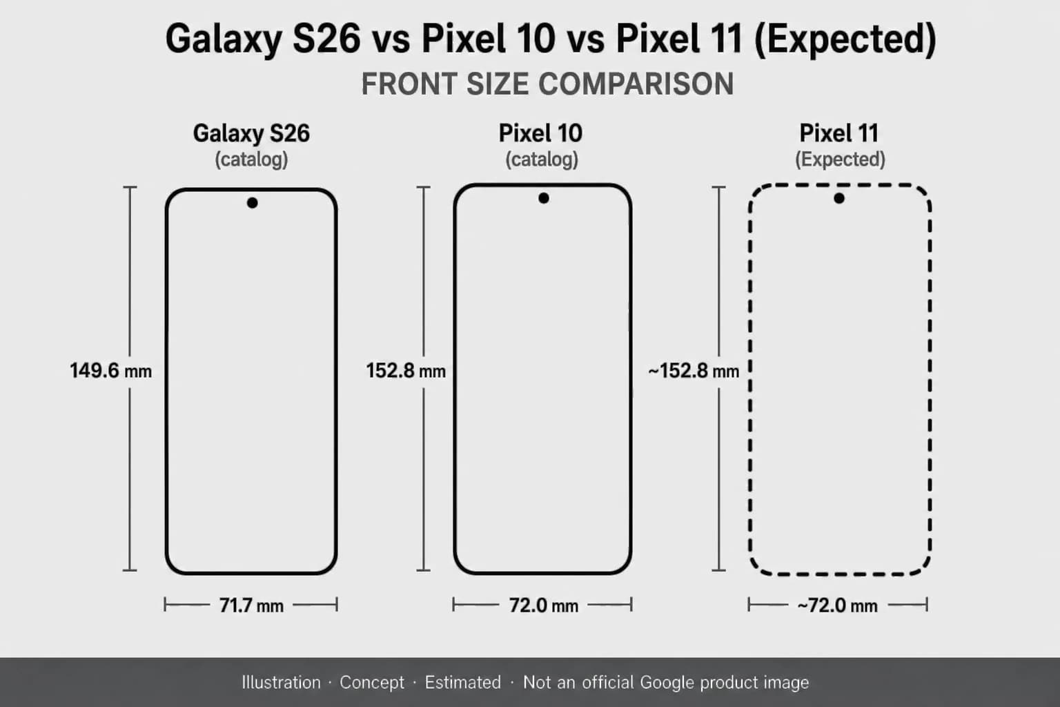 Illustrative front size comparison of Galaxy S26, Pixel 10, and expected Pixel 11 outlines — Illustration, Concept, Estimated, not an official Google product image