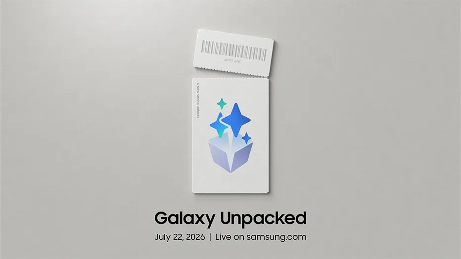 Samsung Galaxy Unpacked promotional graphic for July 22, 2026, with Galaxy AI-style sparkles emerging from an unpacked box