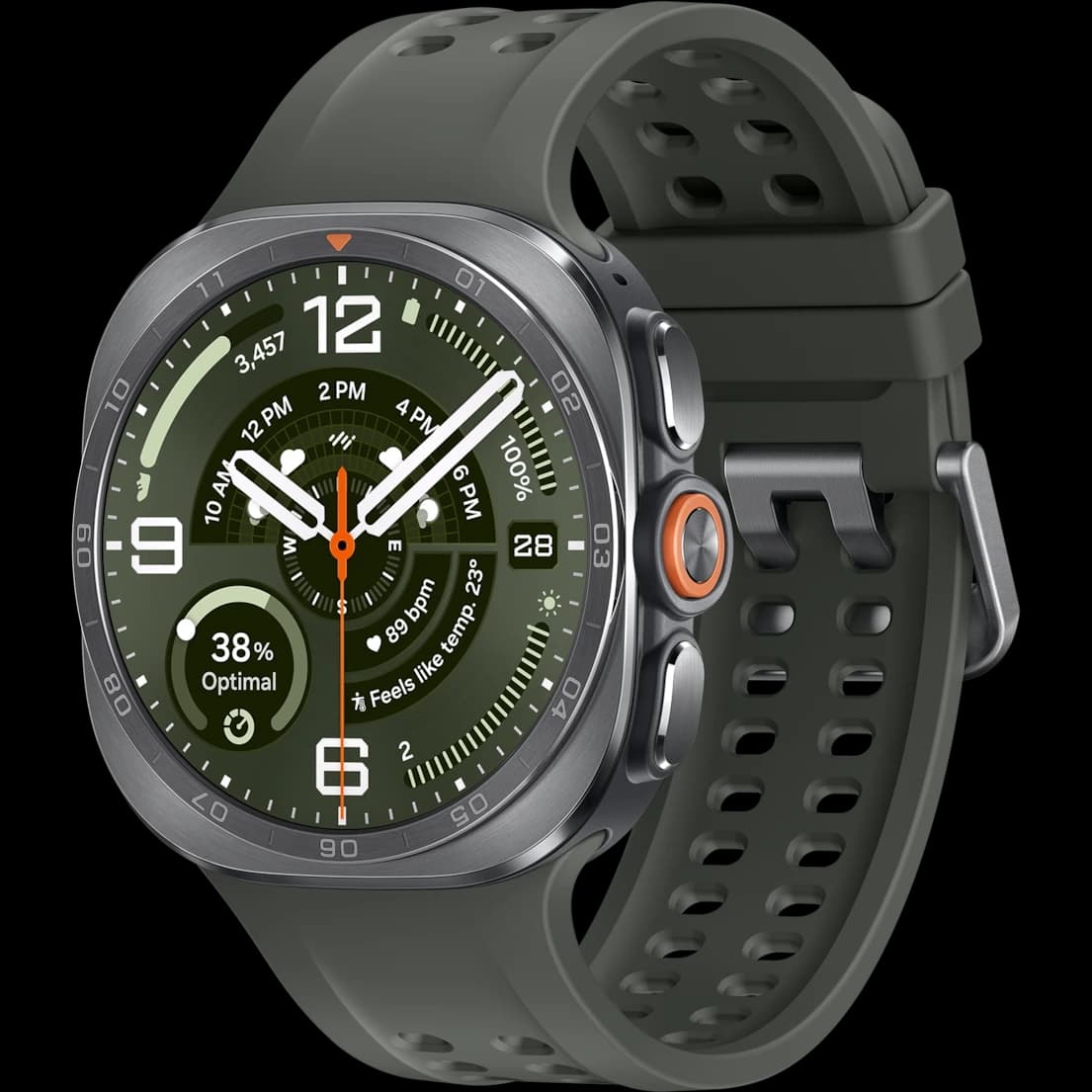 Galaxy Watch Ultra 2 in titanium finish, showing its 47 mm rugged squircle case and outdoor-oriented design