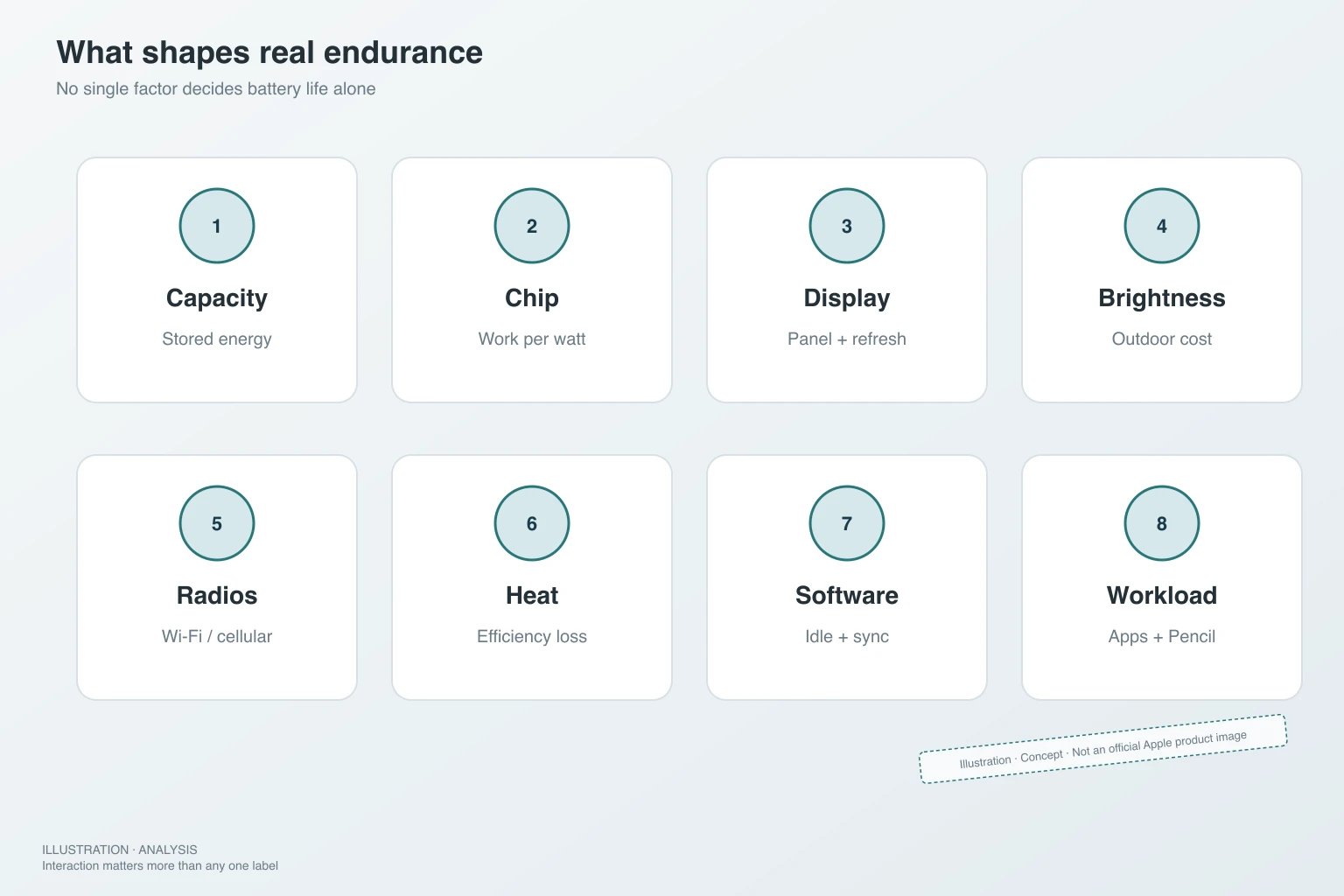 Eight-factor endurance diagram covering capacity, chip, display, brightness, radios, heat, software, and workload — Illustration, Concept, not an official Apple product image