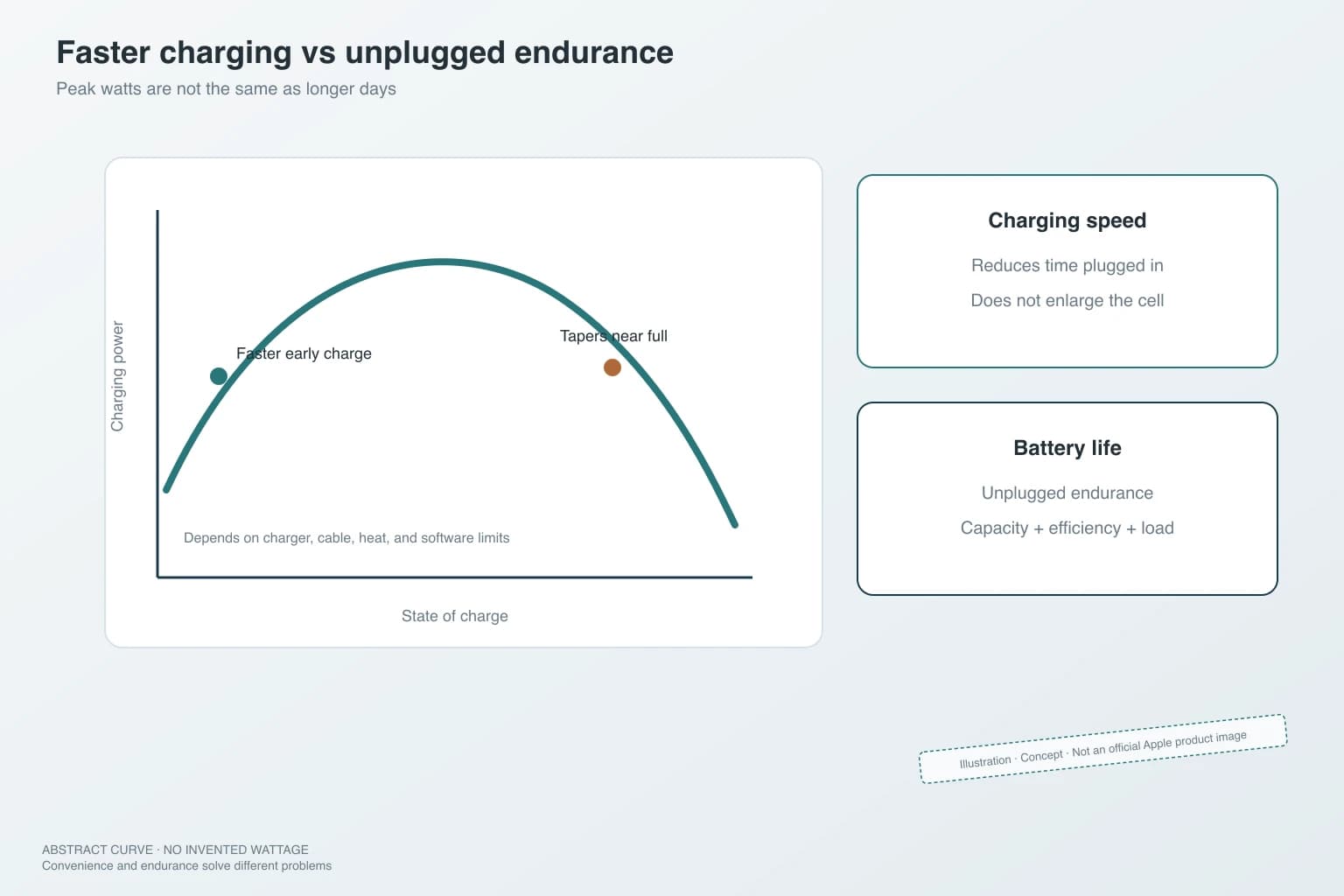 Abstract charging-power curve showing faster early charging and tapering near full, beside cards separating charging speed from battery life — Illustration, Concept, without unverified wattage figures, not an official Apple product image