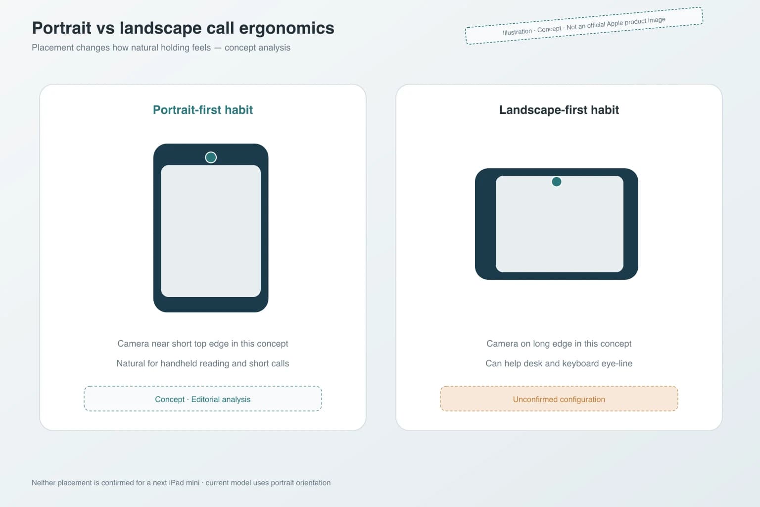 Concept comparison of portrait handheld and landscape desk video-call postures on a compact tablet — Illustration, Editorial analysis, Unconfirmed configuration, not an official Apple product image