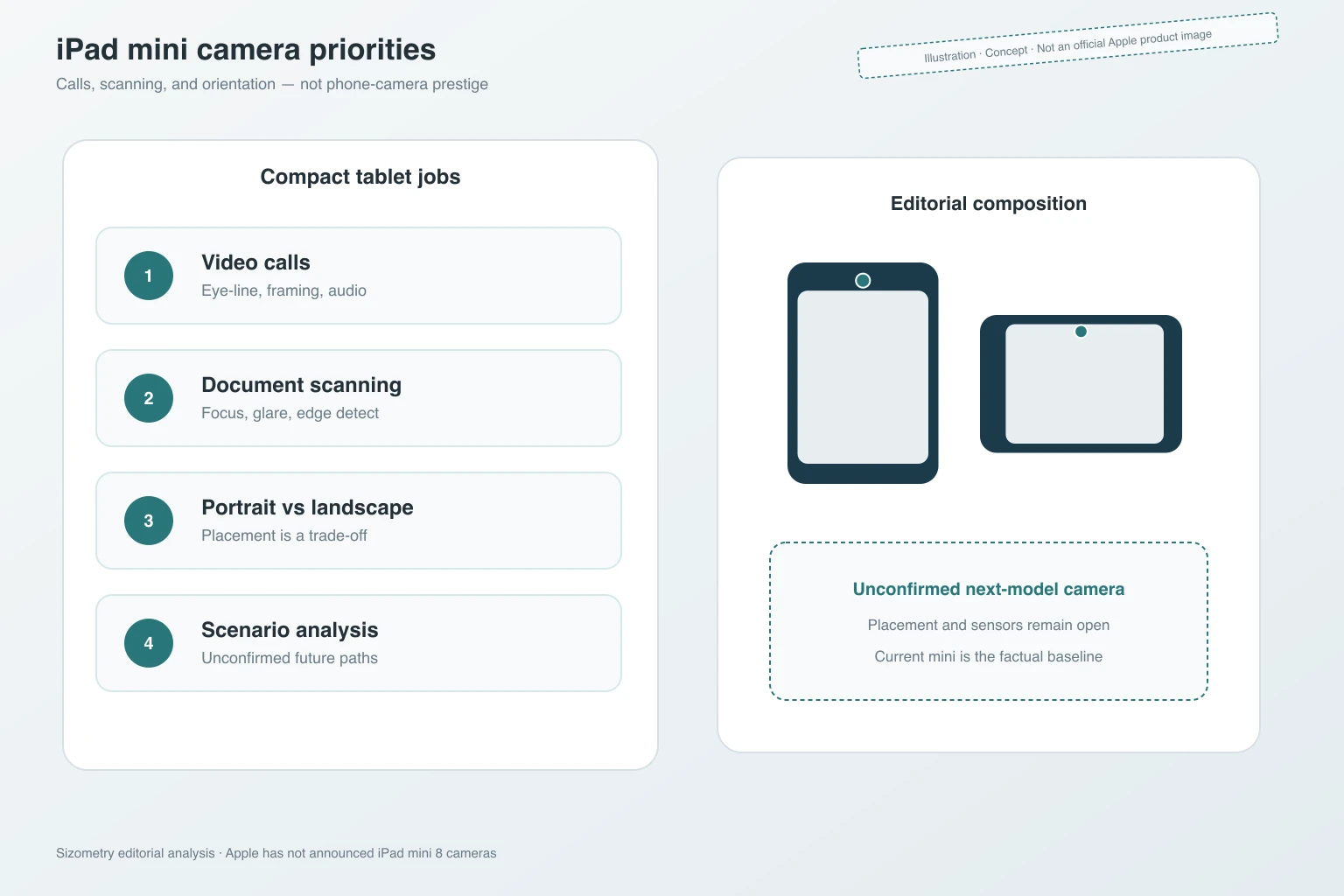 Concept illustration of a compact tablet used for video calling and document capture, with editorial notes that next-model cameras remain unconfirmed — Illustration, Concept, not an official Apple product image